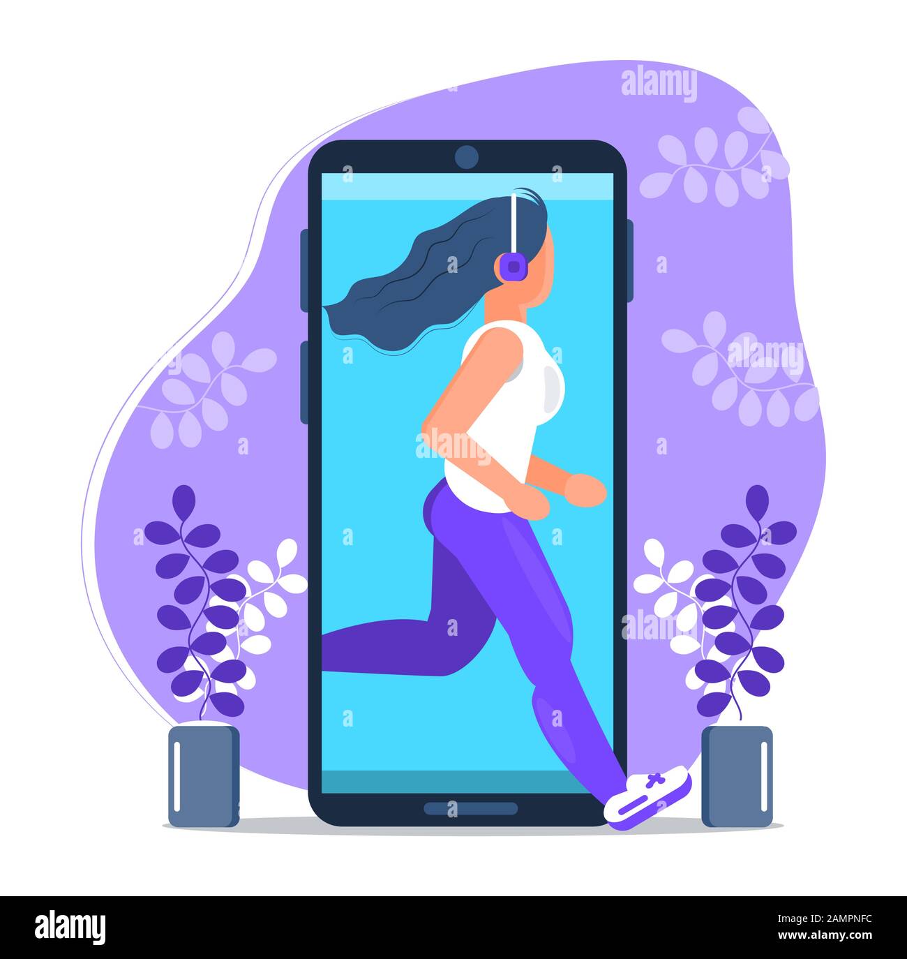 Digital detox. Young woman character runs out of the mobile phone screen. Girl steps out mobile device and jogs. Millennial user. Internet opt-out Stock Vector