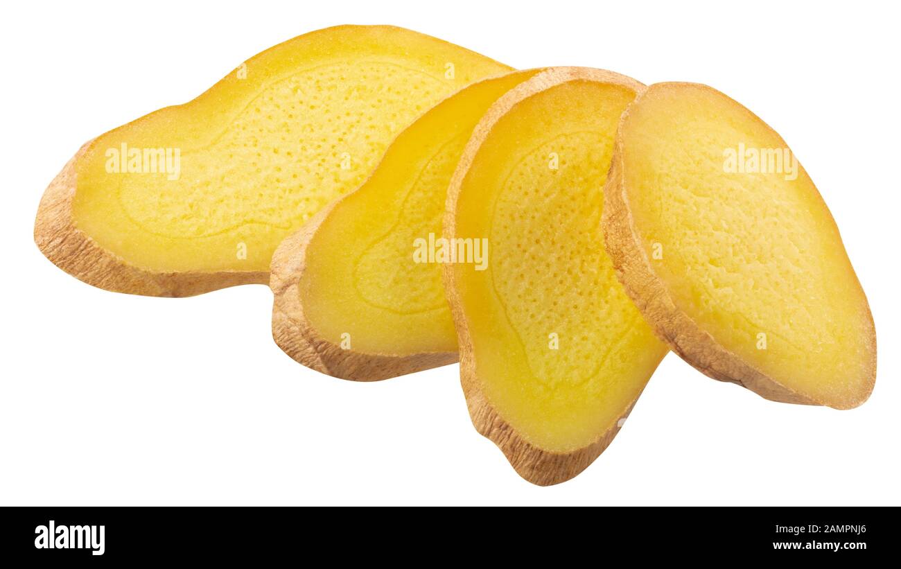 Ginger root (Zingiber officinale rhizome) sliced, isolated Stock Photo
