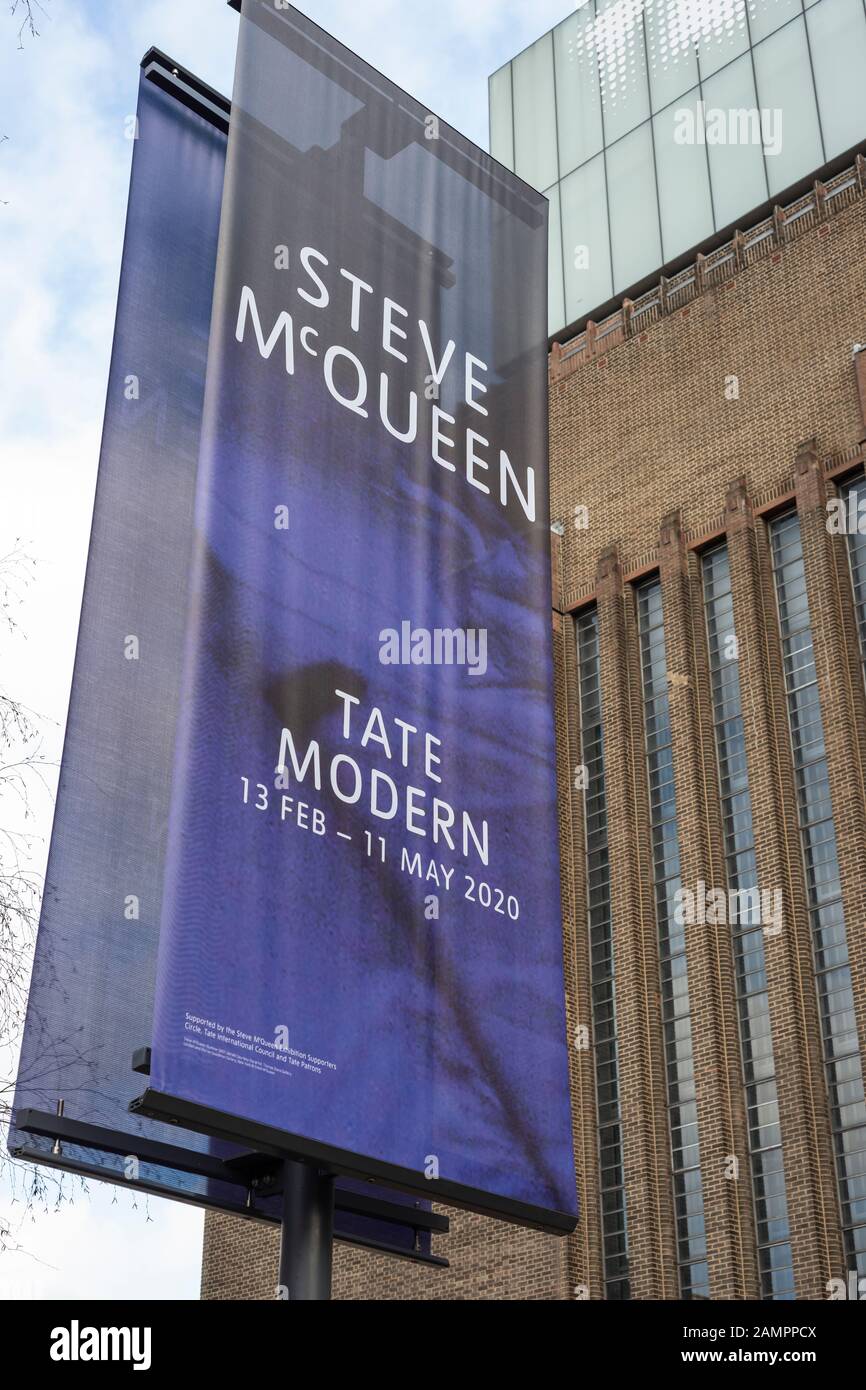 Poster or banner billboard announcement outside Tate Modern in London advertising upcoming exhibition by Steve McQueen as of 2020 Stock Photo
