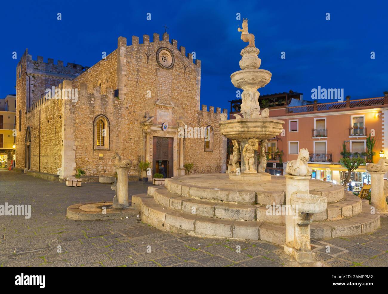 Taormina - The Piazza del Duomo - (church st. Pancrazio) at dusk. Stock Photo