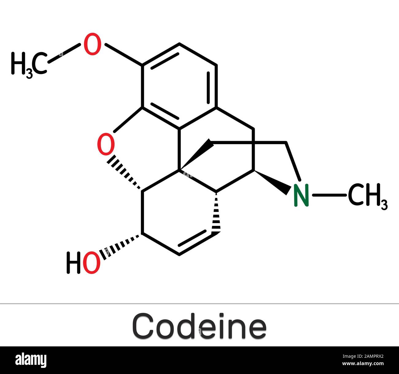 Codeine, opioid analgesic molecule. It is used as a central analgesic