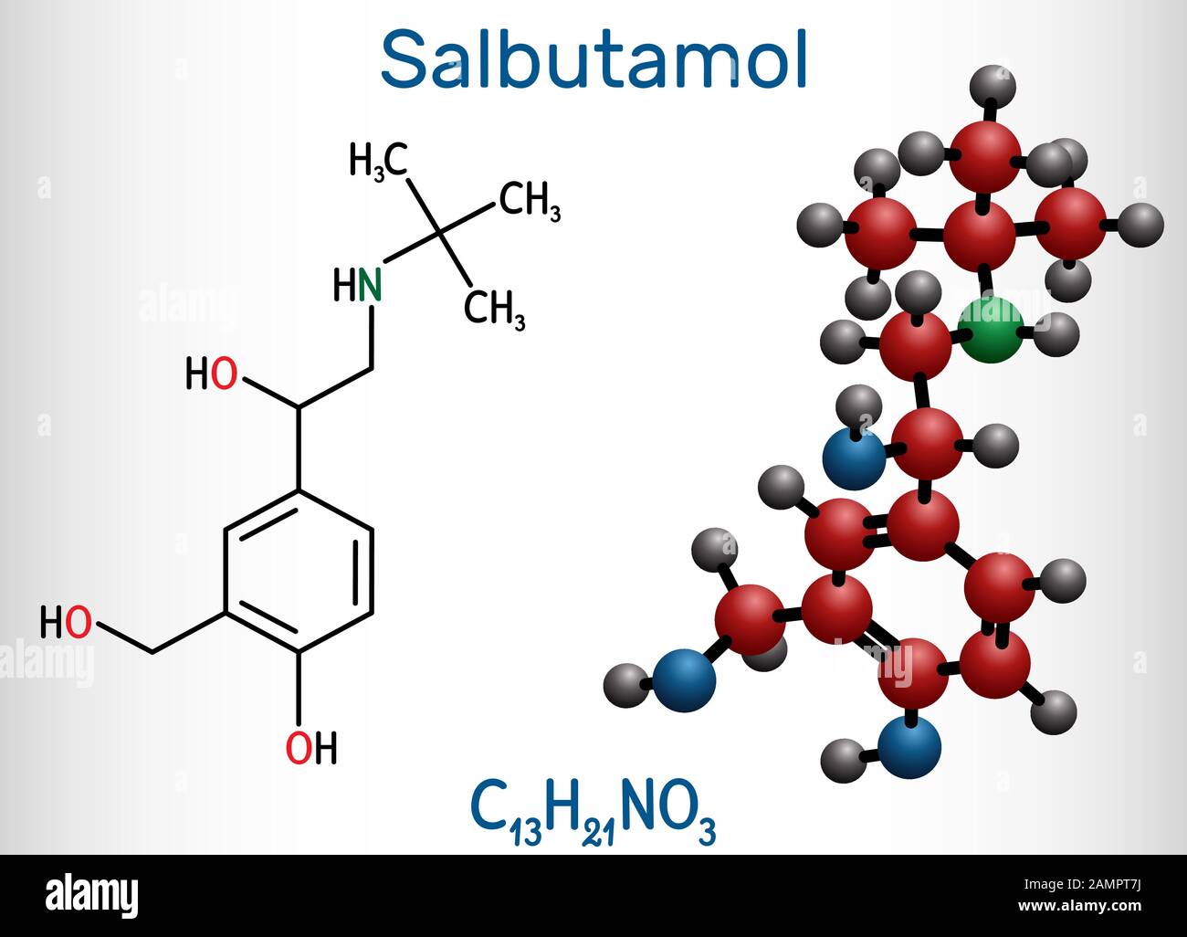 Salbutamol, albuterol molecule. It is a short-acting agonist used in the treatment of asthma and COPD. Structural chemical formula and molecule model. Stock Vector