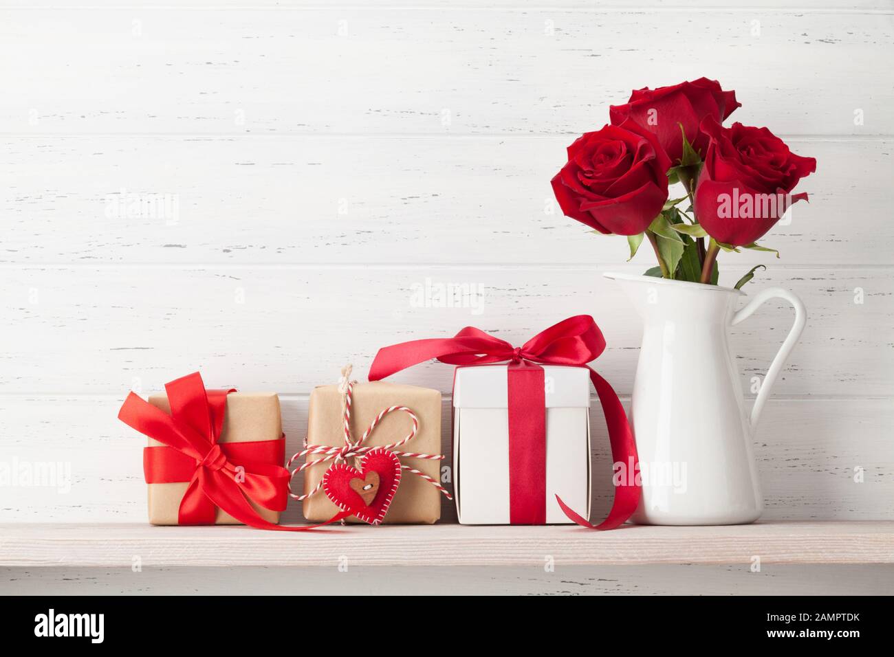 Valentines day greeting card with rose flowers and gift boxes on white ...