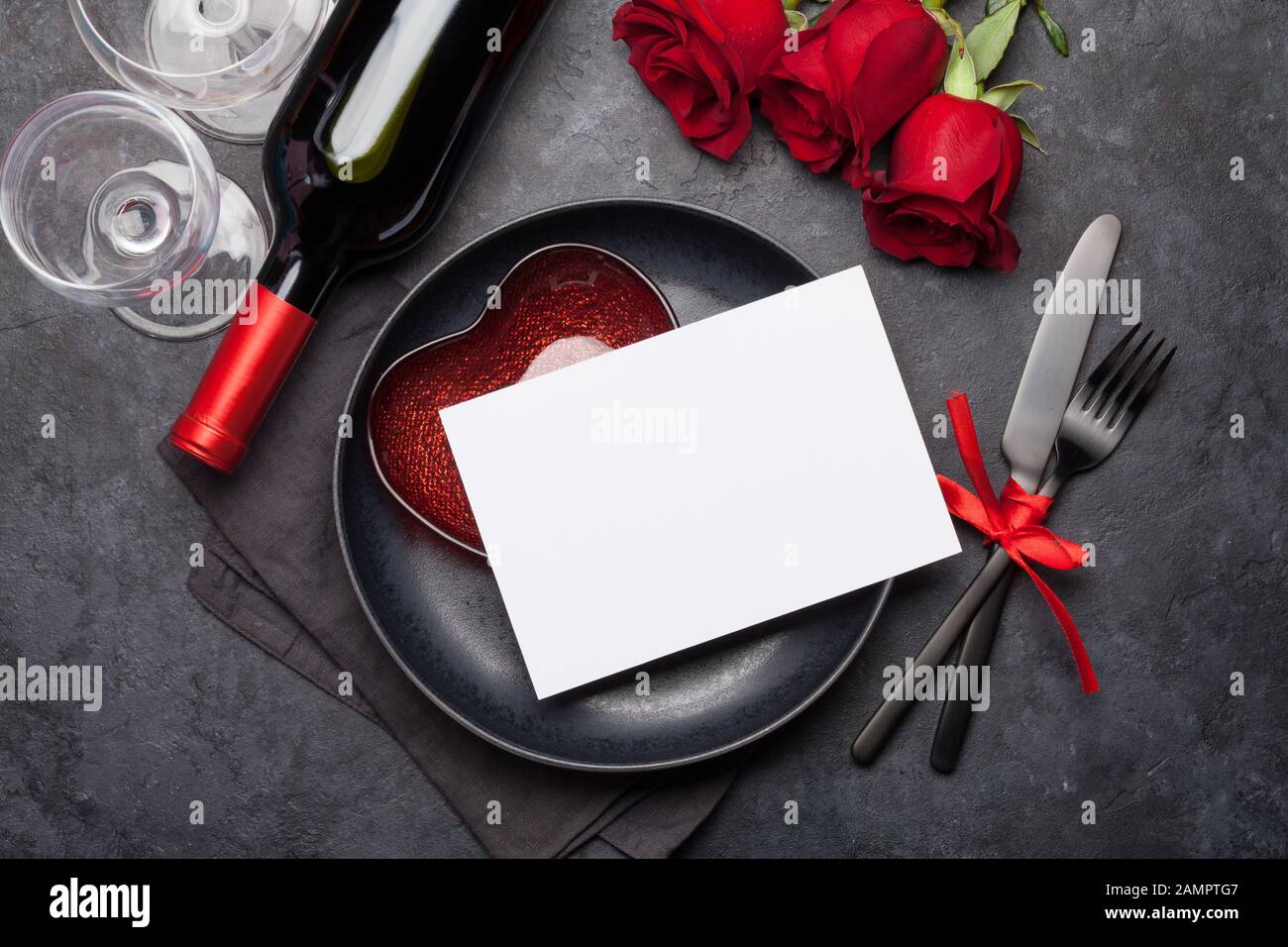 Valentines day greeting card with rose flowers bouquet, glasses and red ...