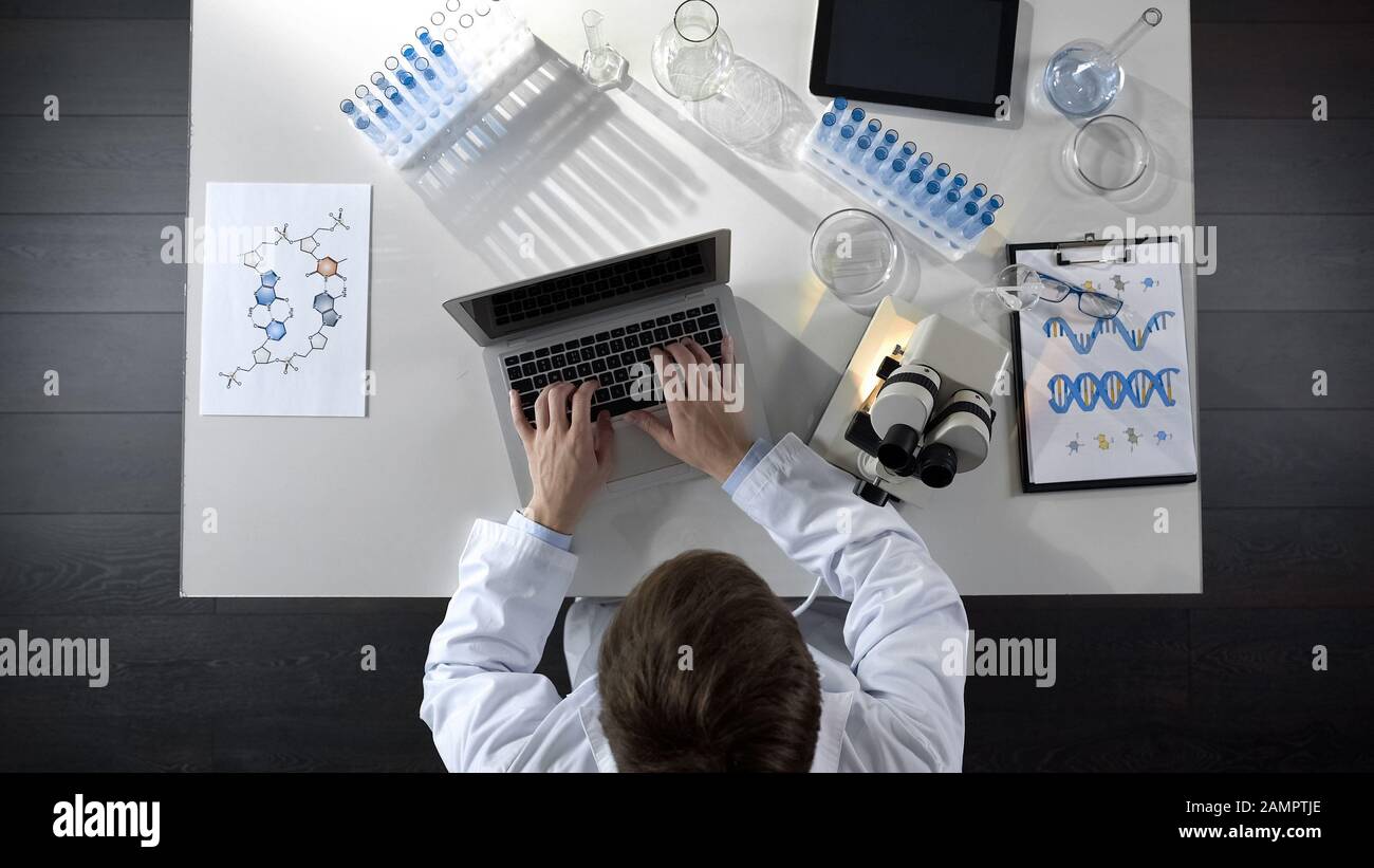 Researcher typing observations on laptop, viewing sample under microscope Stock Photo
