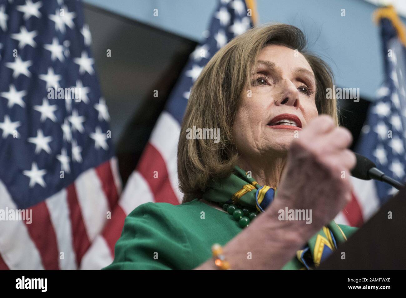 Washington, United States. 14th Jan, 2020. Speaker of the House Nancy Pelosi, D-Calif., speaks during a press conference marking the ten year anniversary of the Citizens United Decision in the U.S Capitol in Washington, DC on Tuesday, January 14, 2020. It was announced earlier today that House Democrats plan to vote Wednesday to send two articles of impeachment against President Donald Trump to the Senate and to appoint managers for his trial. Photo by Sarah Silbiger/UPI Credit: UPI/Alamy Live News Stock Photo