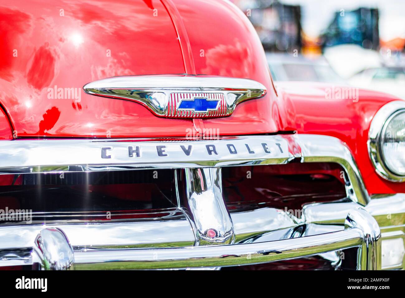 front detail view of classic vintage 1940s Chevrolet car at Stars & Stripes show at Tatton Park UK Stock Photo