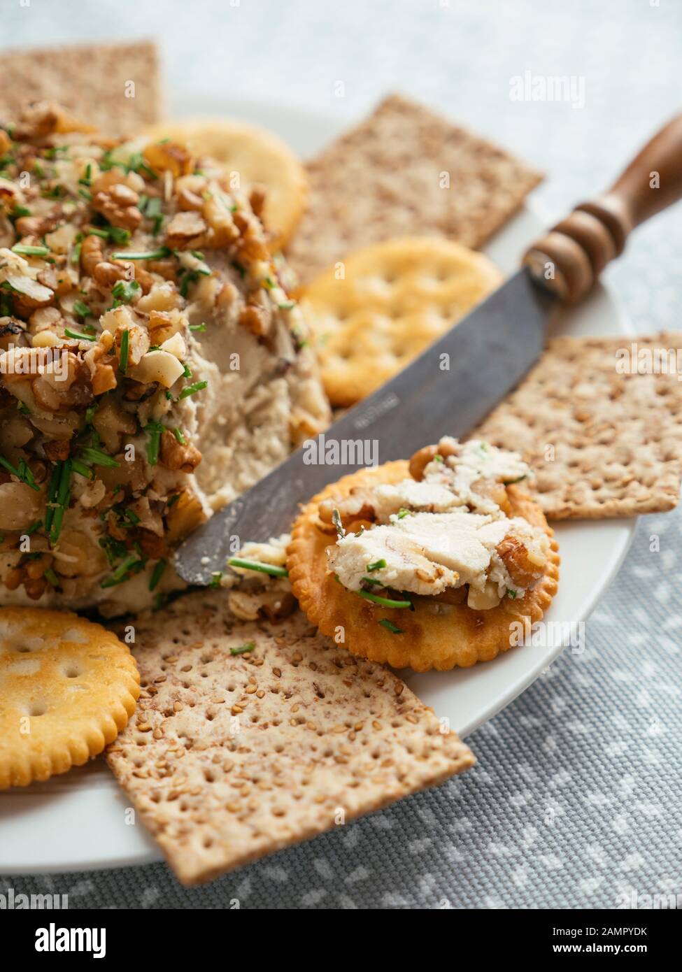 Home made vegan cheddar with nuts, served with crackers. Stock Photo