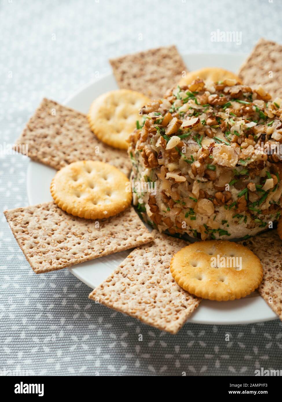 Home made vegan cheddar with nuts, served with crackers. Stock Photo