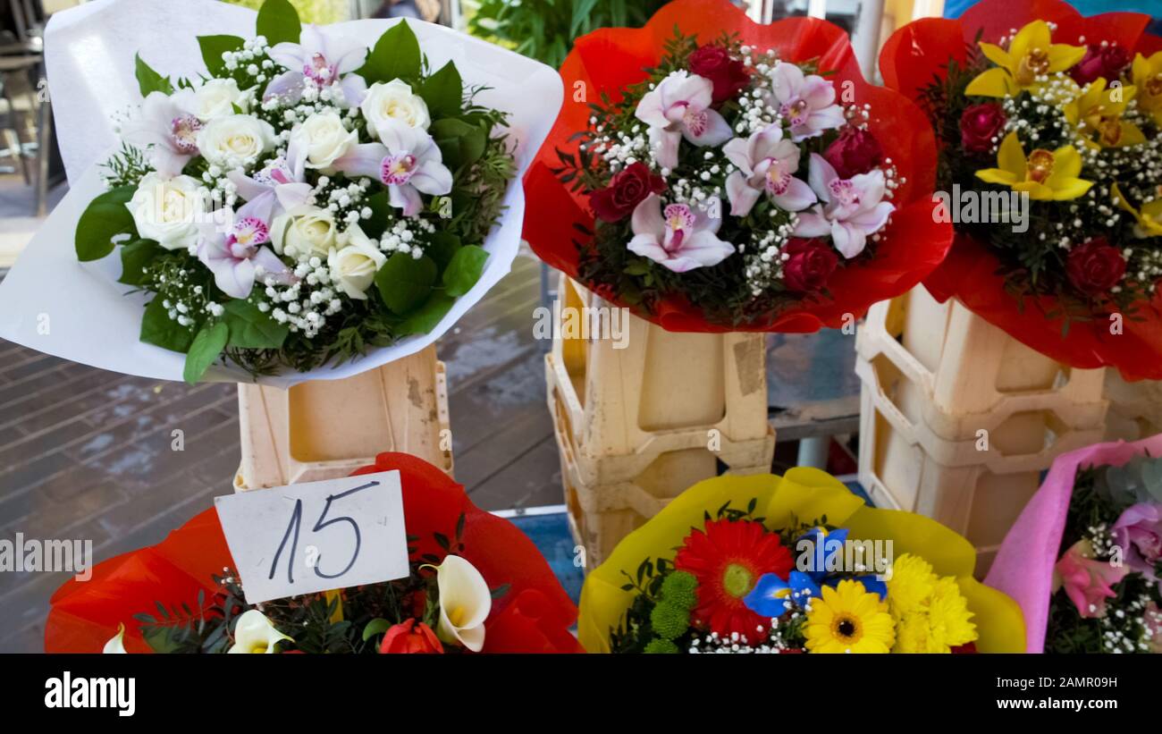 Wide variety of beautiful and expensive colourful bouquets at flower