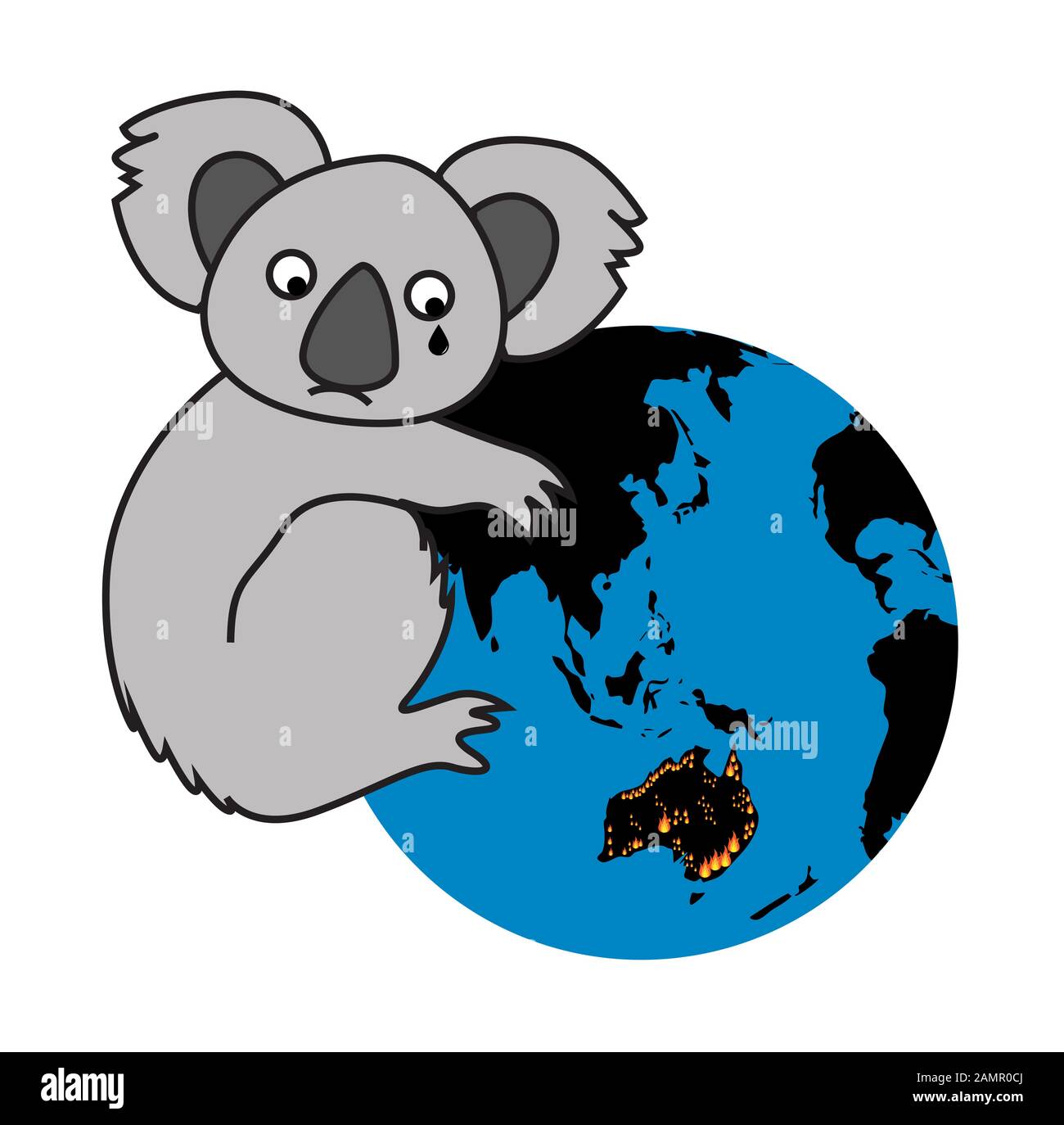 Koala which is crying hugs world map Stock Photo