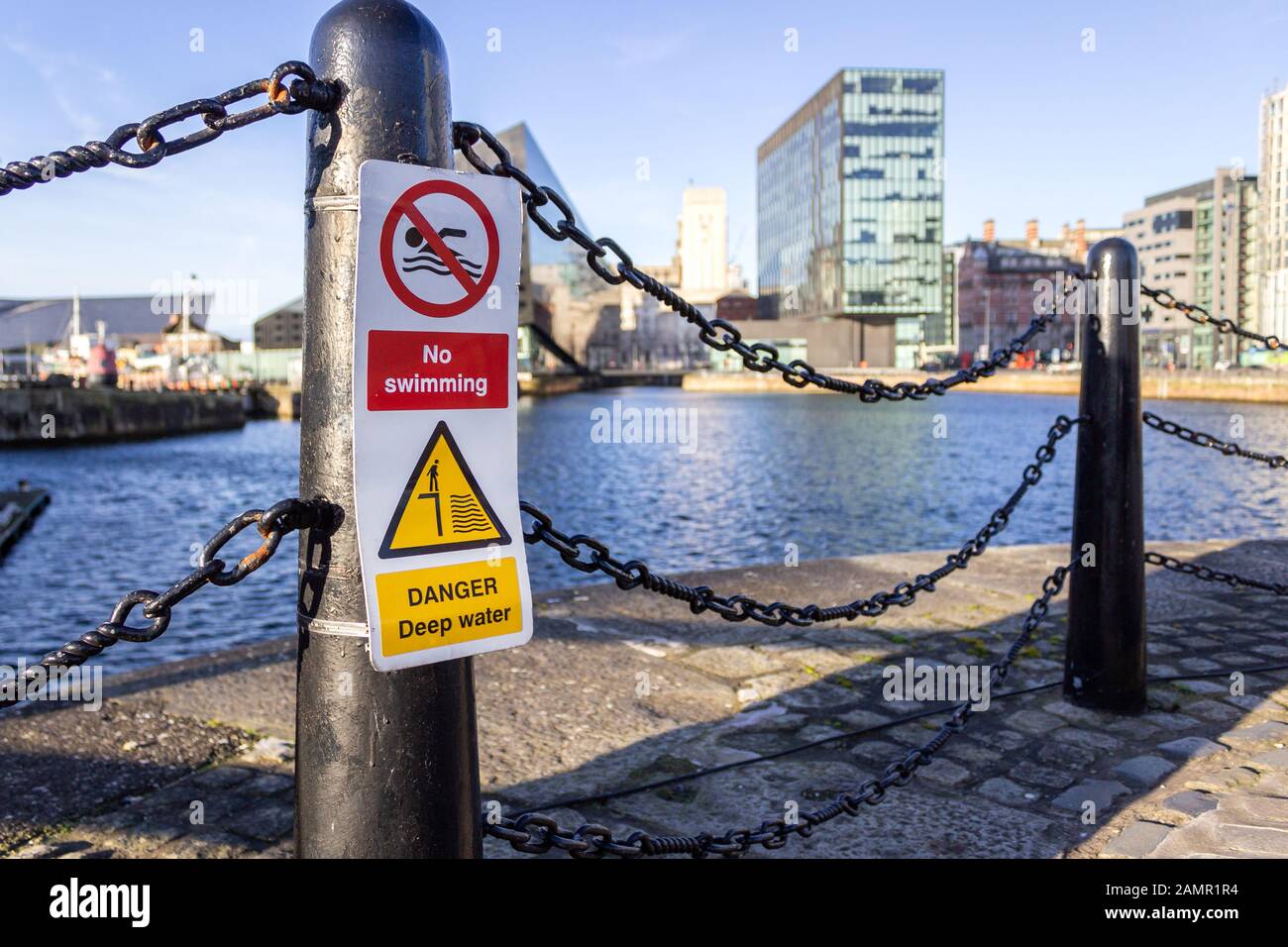 No swimming sign, Canning dock, Liverpool Stock Photo