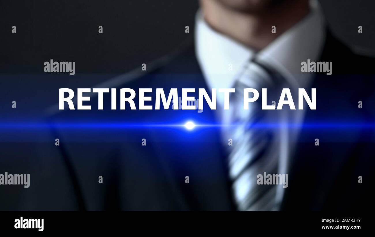 Retirement plan, man in suit standing in front of screen, secure future ...