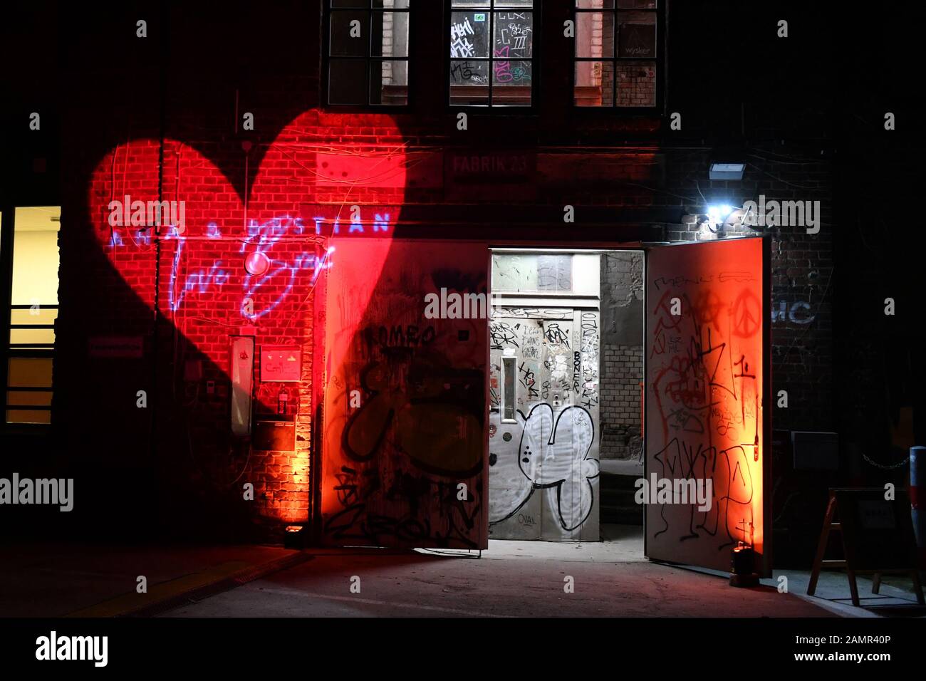 Berlin, Germany. 14th Jan, 2020. Exterior view of the building "Fabrik 23"  in front of the customer event of the label BRAX, during the Berlin Fashion  Week. On the building a heart