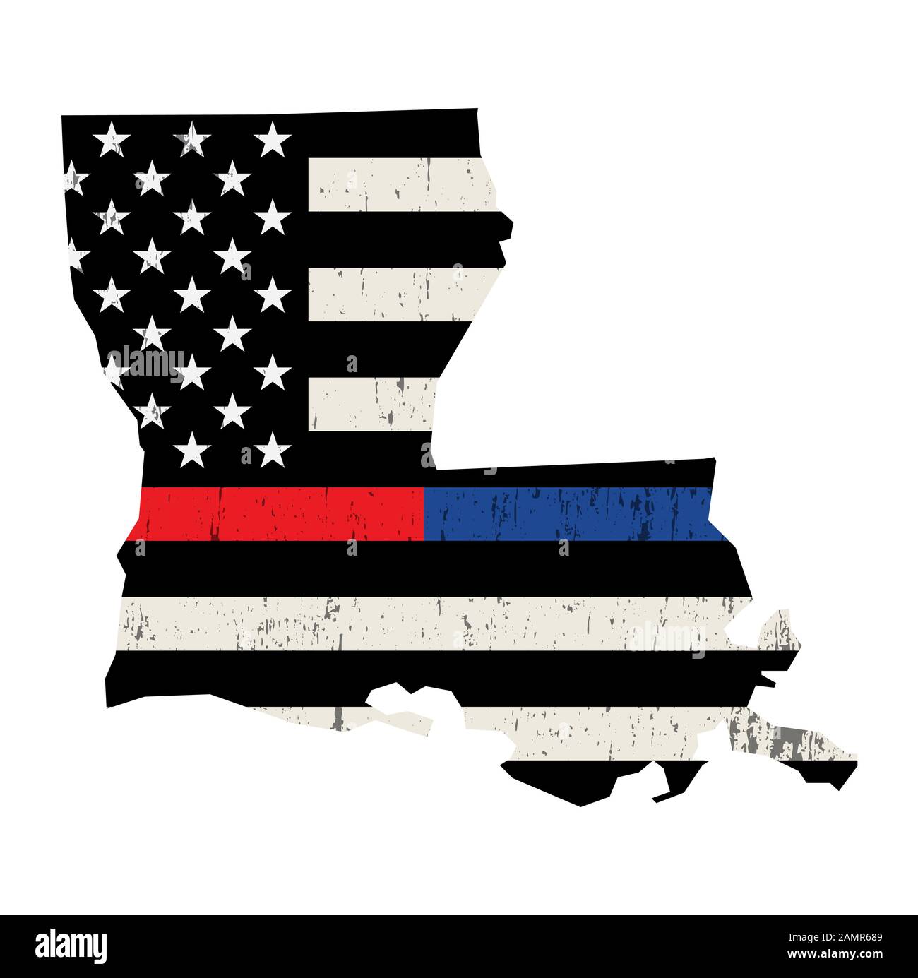 An American flag in the shape of the state of Louisiana police and firefighter support illustration. Vector EPS 10 available. Stock Photo