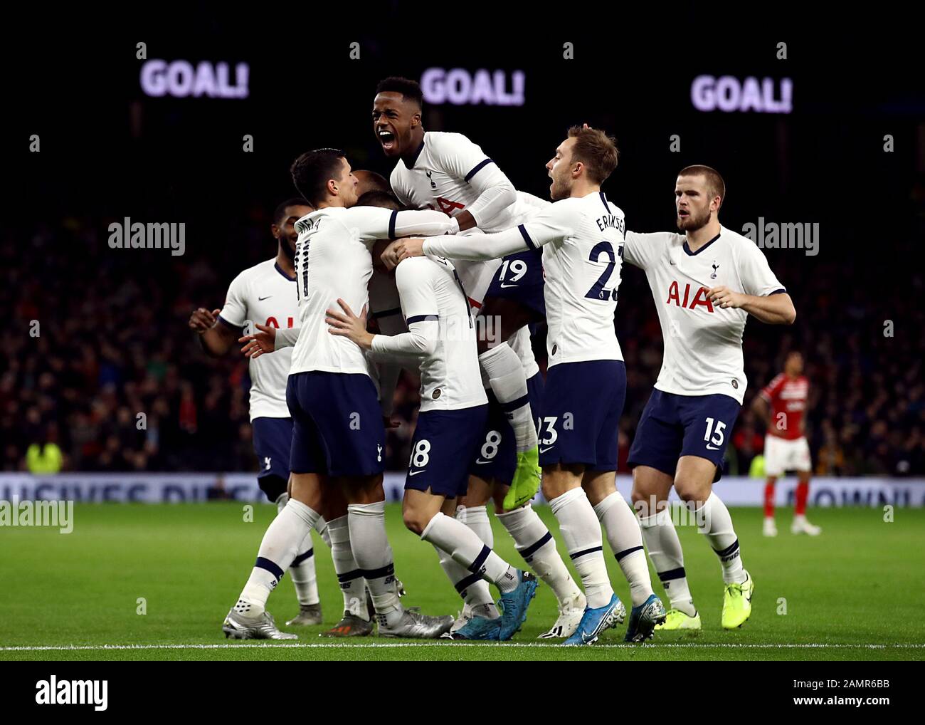 Tottenham Hotspur's Giovani Lo Celso (centre) celebrates scoring his side's first goal of the game with team-mates during the FA Cup third round replay match at Tottenham Hotspur Stadium, London. Stock Photo