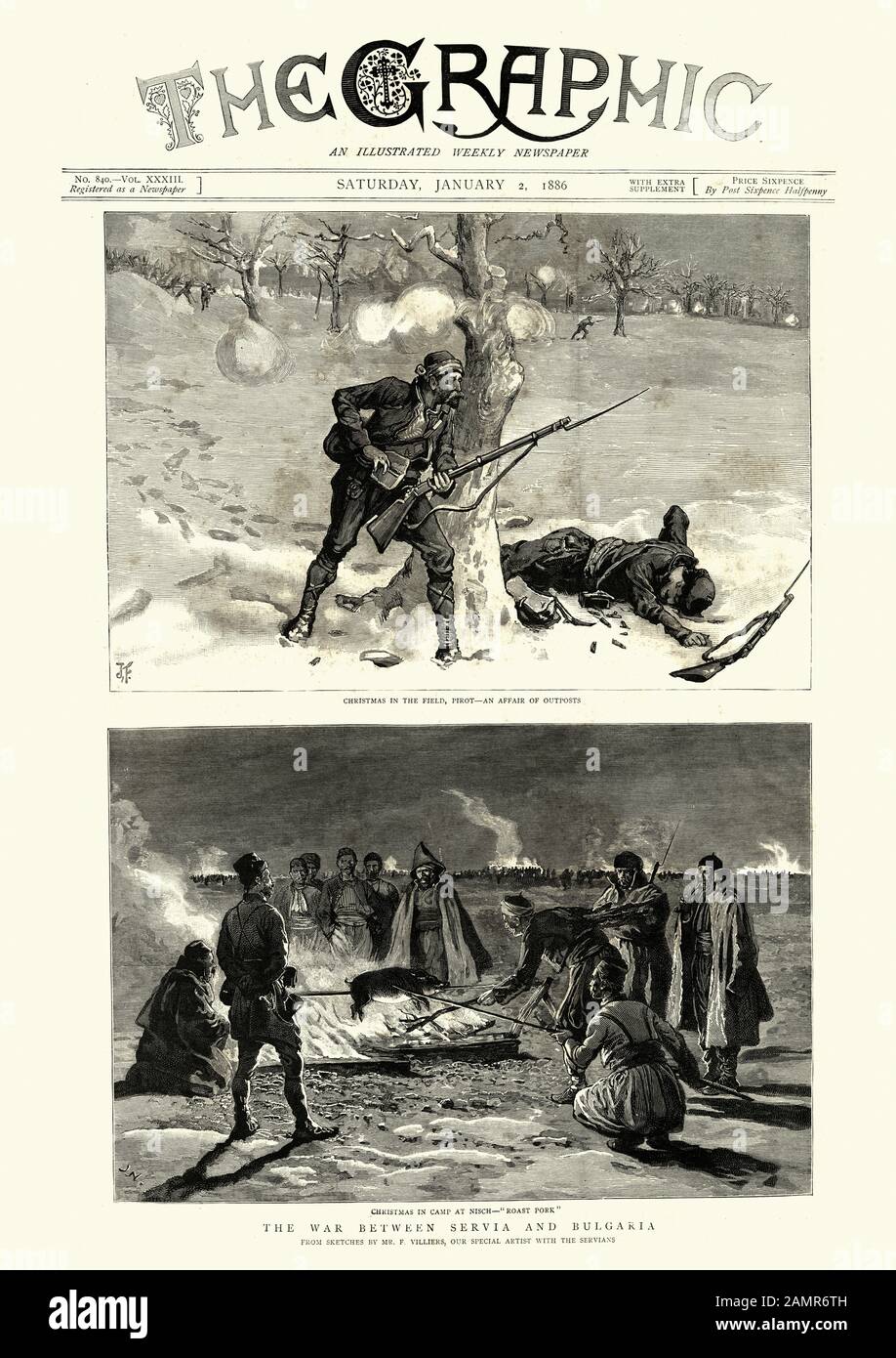 Front page of the Graphic Illustrated newspaper, 1886. War between Serbia and Bulgaria. Serbo Bulgarian War or Serbian Bulgarian War.  A war between the Kingdom of Serbia and Principality of Bulgaria that erupted on 14 November 1885 and lasted until 28 November 1885. Stock Photo