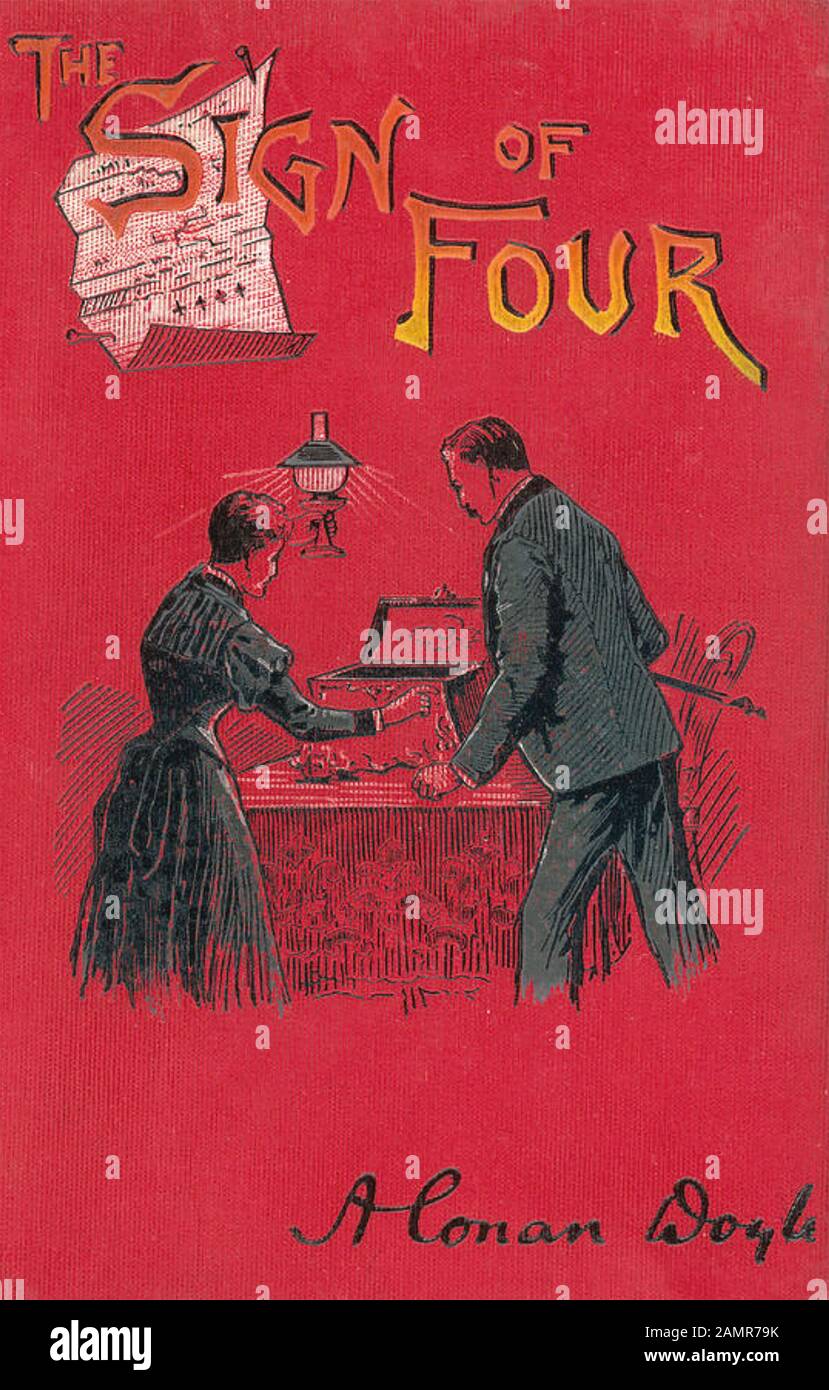 THE SIGN OF FOUR Cover of the first 1890 book edition of the novel featuring Sherlock Holmes by Arthur Conan Doyle Stock Photo