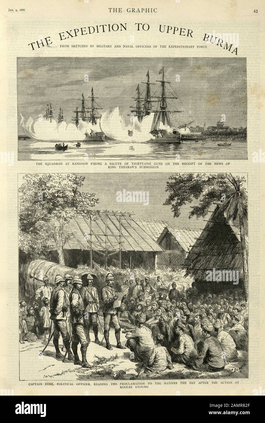 Vintage engraving of scenes from the Third Anglo-Burmese War, also known as the Third Burma War, was a conflict that took place during 7–29 November 1885, with sporadic resistance and insurgency continuing into 1887. It was the final of three wars fought in the 19th century between the Burmese and the British. Stock Photo