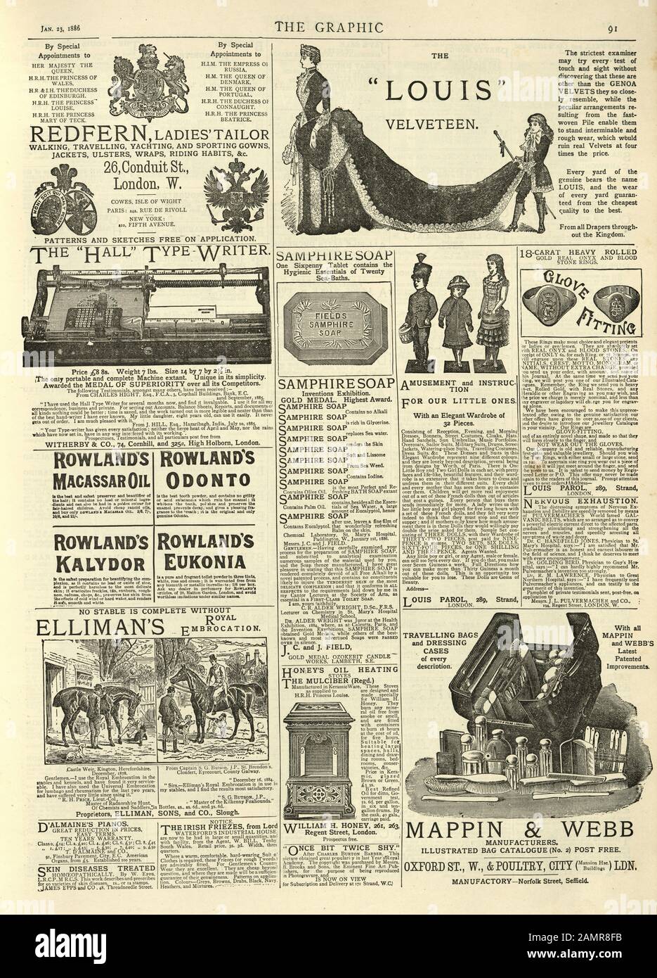 Page of adverts from the Graphic illustrated newspaper 1886, Louis Velveteen, Hall type writer, samphire soap, Ellimans royal embrocation, Mappin and Webb Stock Photo