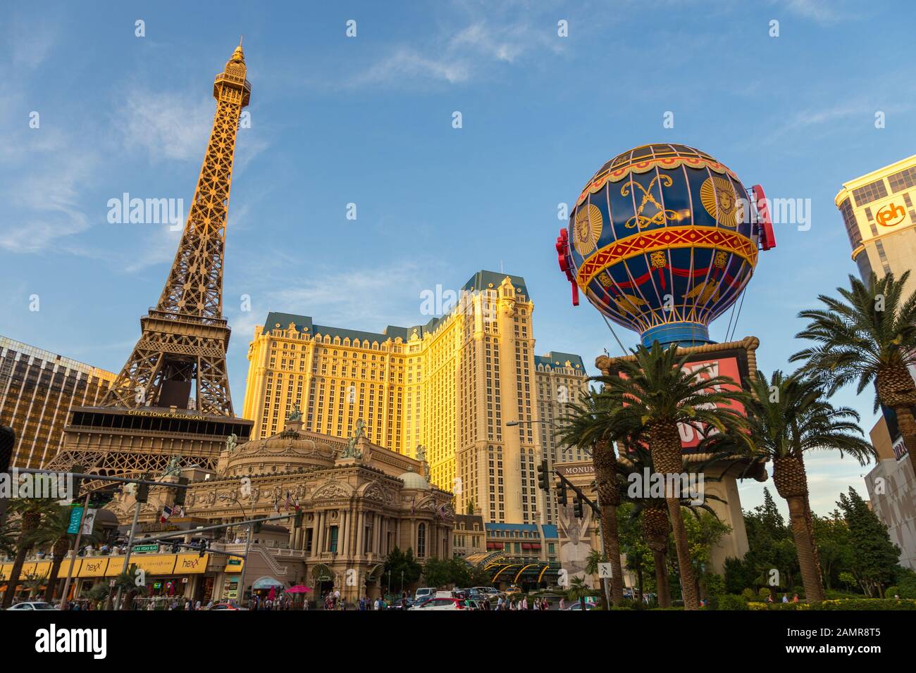 Las Vegas, Nevada, USA- 01 June 2015: A view of an elegant hotel at Las Vegas Boulevard, a miniature of the Eiffel Tower and a colorful balloon. Stock Photo