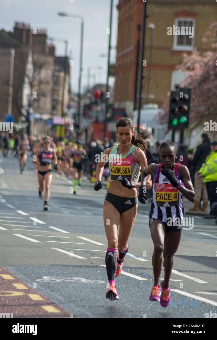 Professional athlete and pace setter running in London Marathon 2016 in London, England Stock Photo