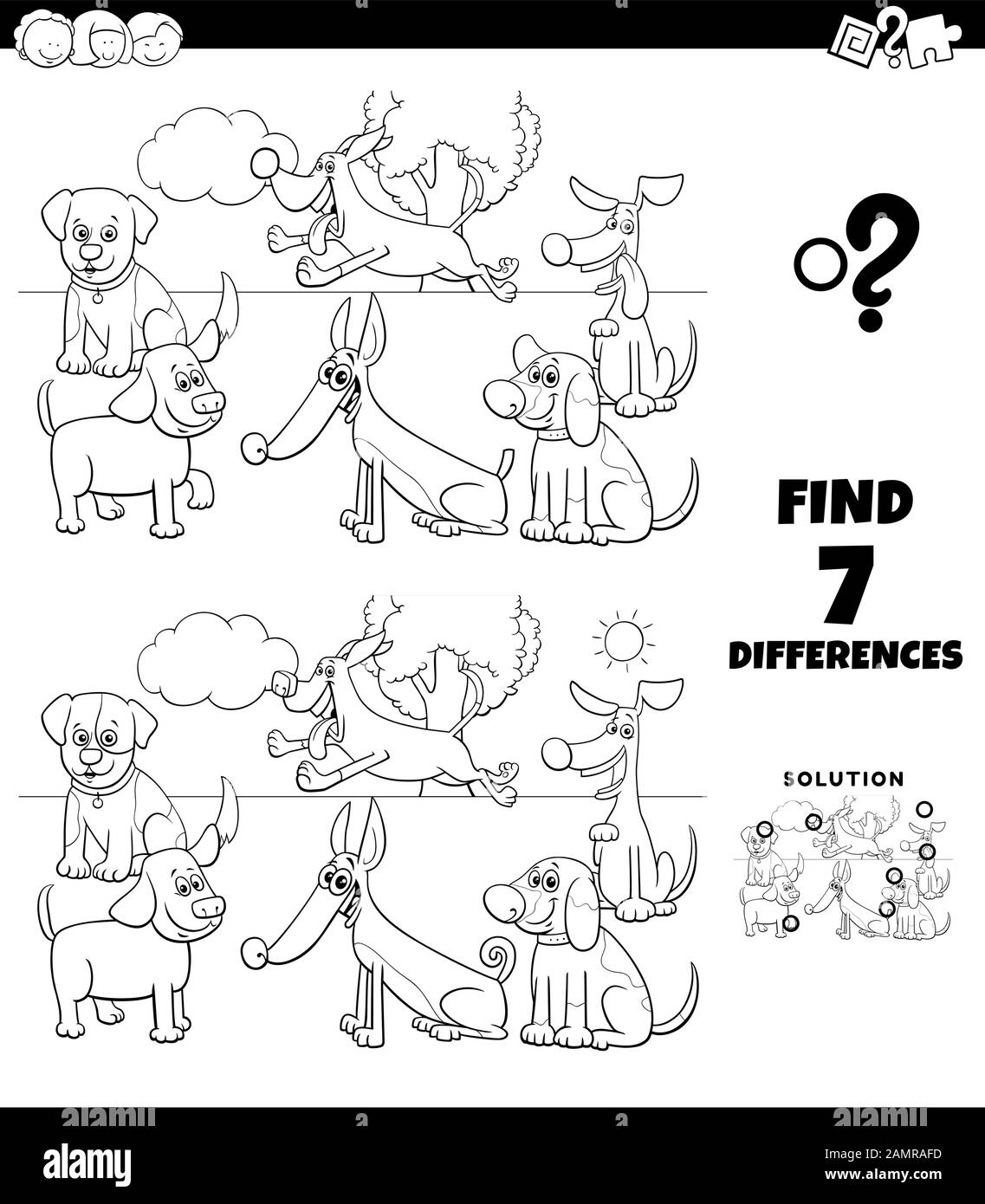 Black and White Cartoon Illustration of Finding Differences Between ...