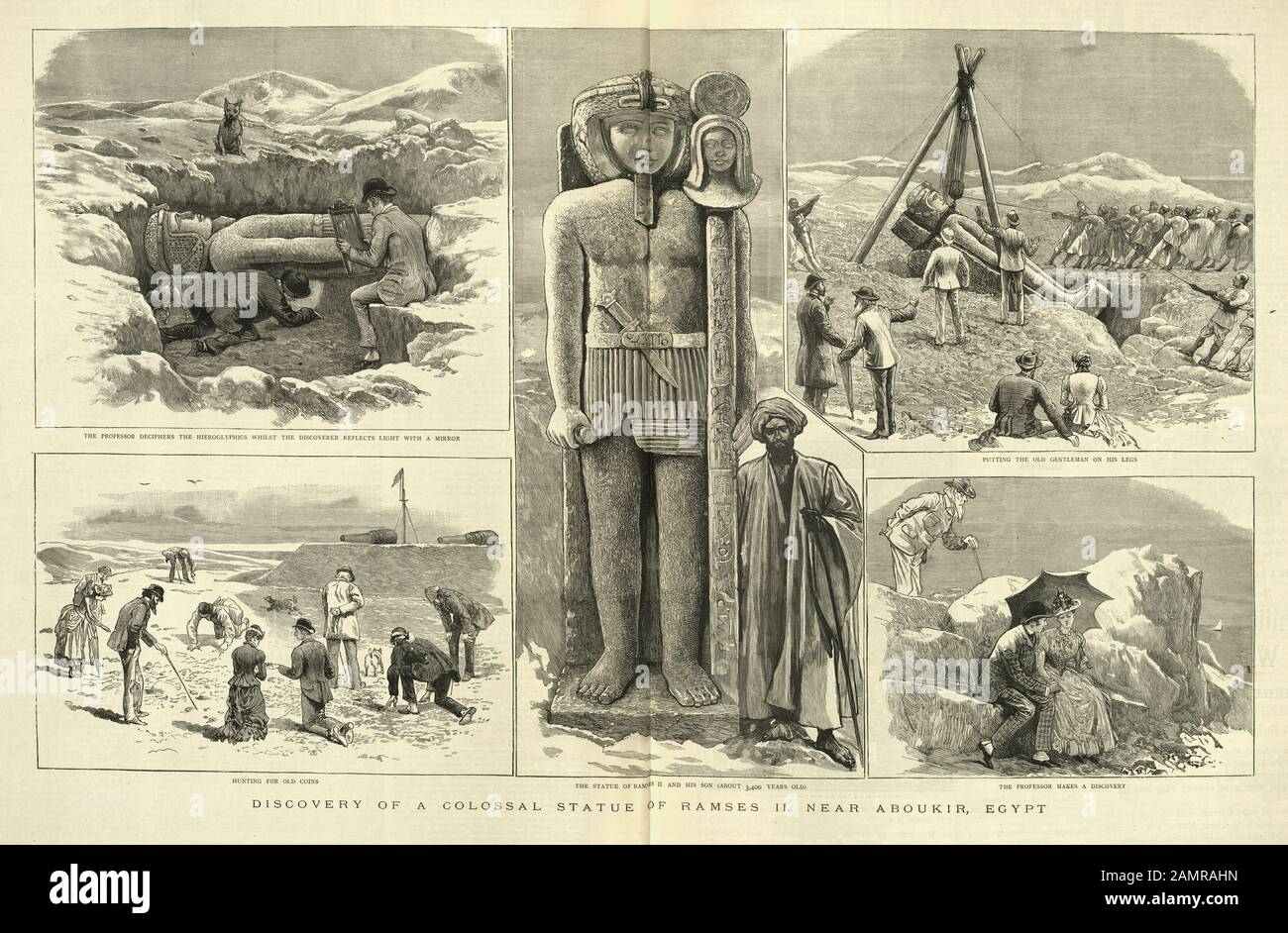 Discovery of a colossal statue of Ramses II near Aboukir, Egypt, 19th Century Stock Photo
