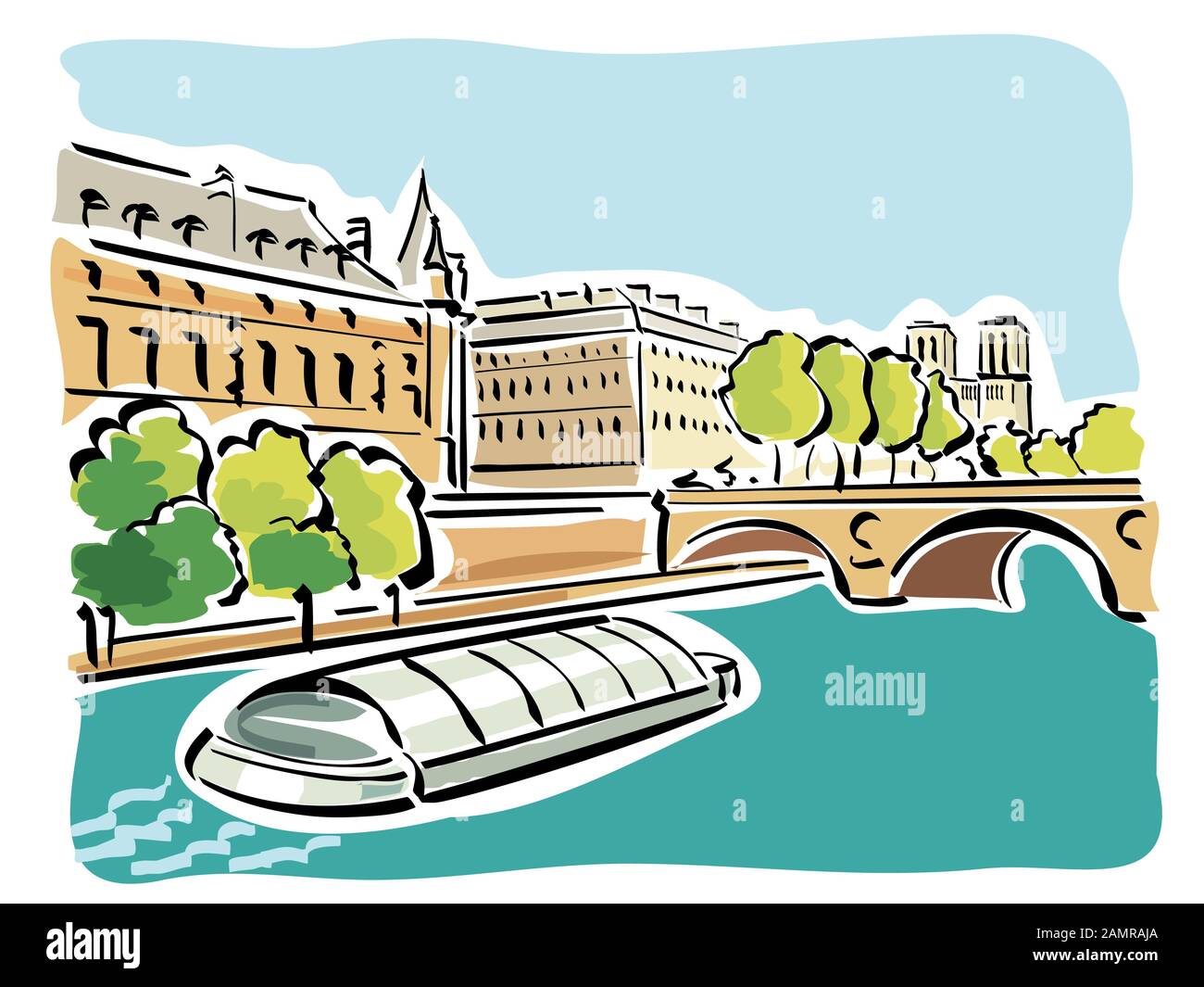Illustration of the Bateaux Mouches on the seine river in Paris. Stock Photo