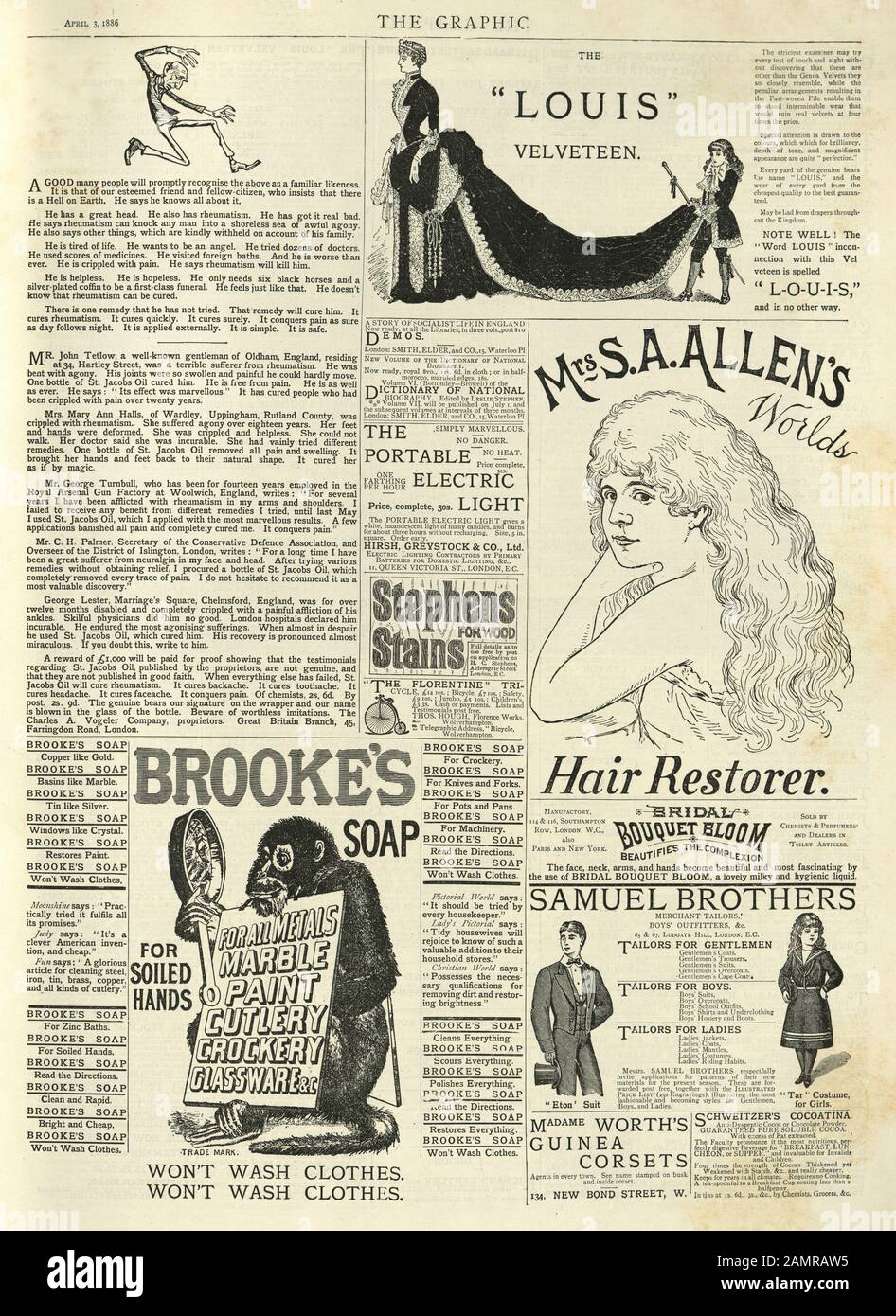 Page of Newspaper adverts from the Graphic Newspaper, Louis Velveteen, Mrs S A Allen's Hair restorer, Brooke's soap, Samuel Brothers Stock Photo