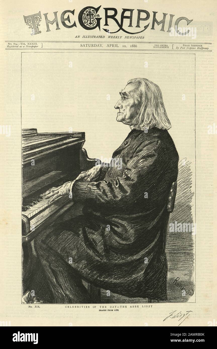 Front page of the Graphic illustrated newspaper, Portait of Franz Liszt a Hungarian composer, virtuoso pianist, conductor, music teacher, arranger, and organist of the Romantic era. Stock Photo