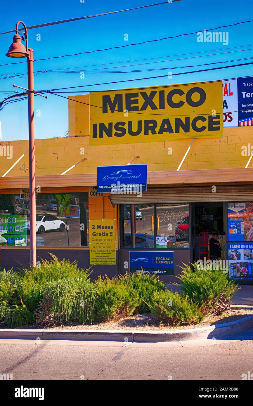 Mexico Insurance banner above the Greyhound Bus station offices in the US-Mexican border city of Nogales, AZ Stock Photo