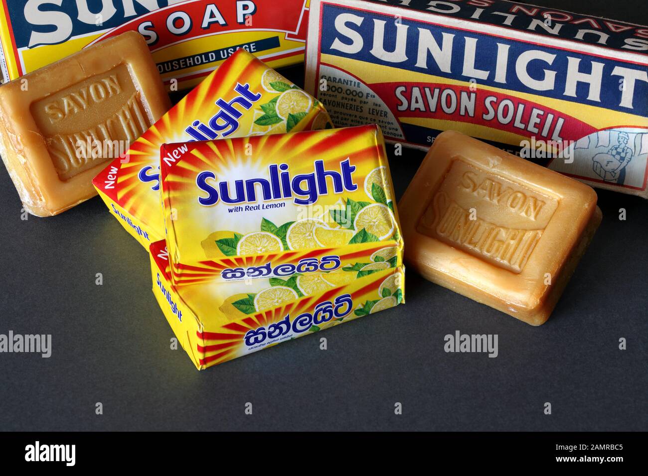 Samples of old and new bars of Sunlight  soap, first produced by Lever Brothers at Port Sunlight in Cheshire. Stock Photo