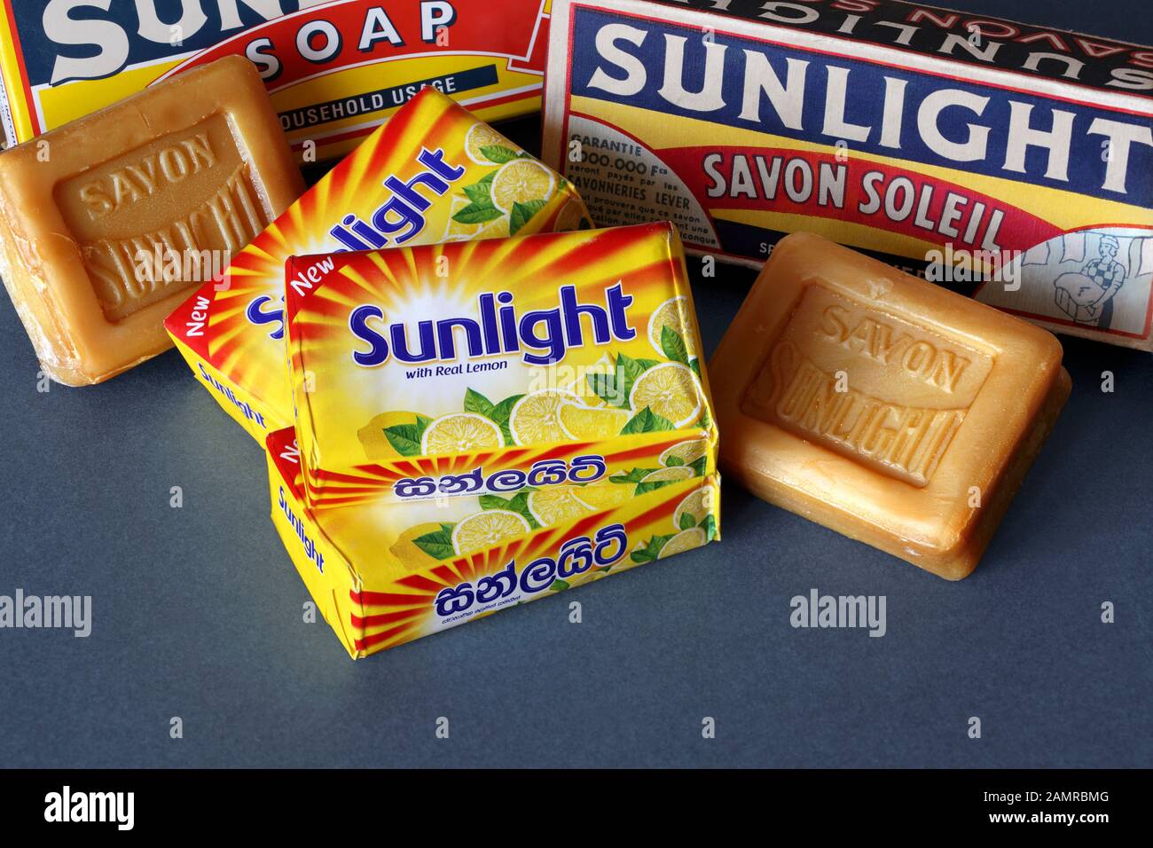 Samples of old and new bars of Sunlight  soap, first produced by Lever Brothers at Port Sunlight in Cheshire. Stock Photo