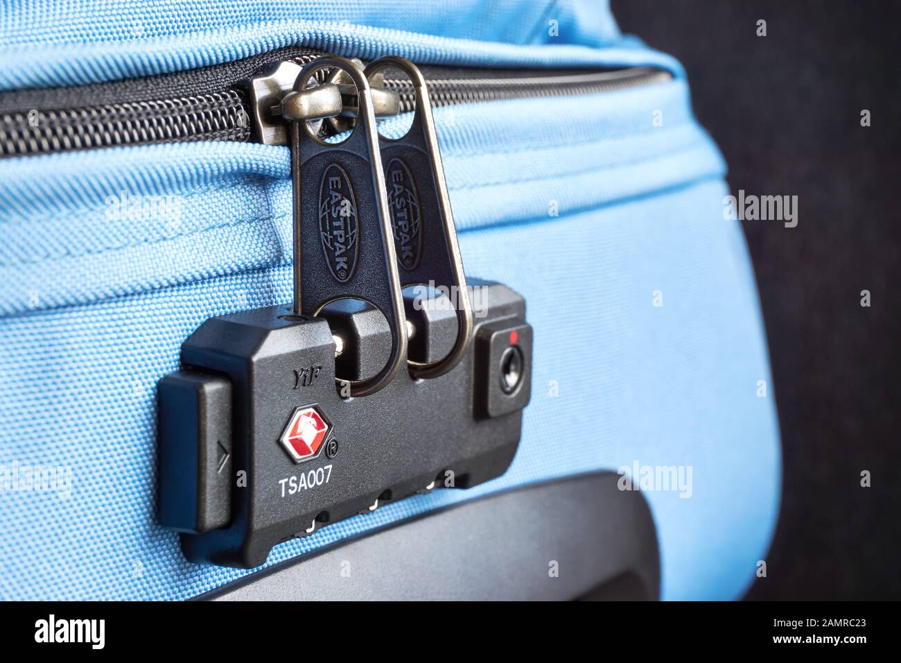TSA accepted lock on an Eastpak trolley suitcase with the red Travel Sentry  logo. Travel Sentry develops and lock systems used in travel security Stock  Photo - Alamy