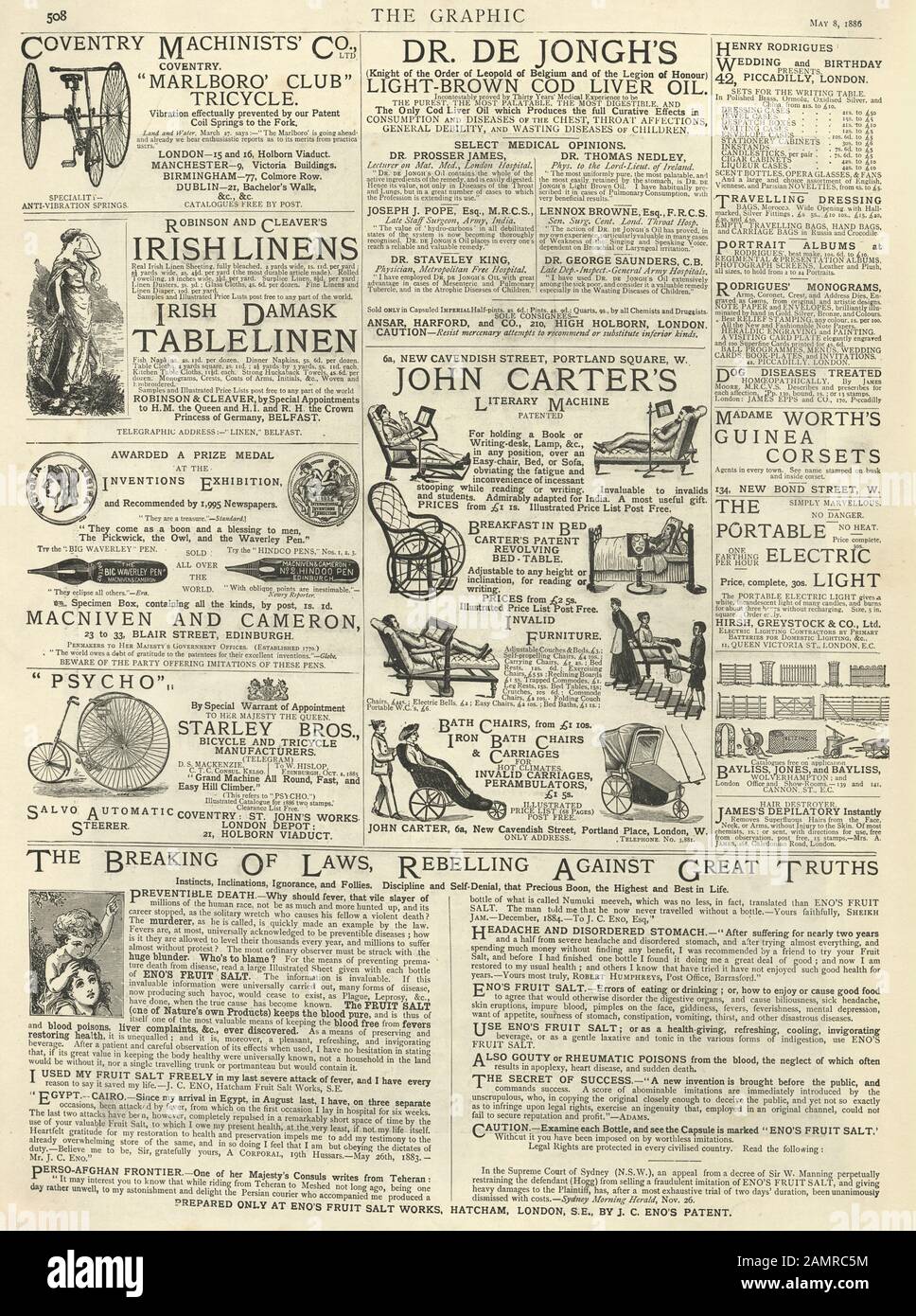 Page of newspaper adverts from the Graphic illustrated newspaper, 1886. Irish linens, wheel chairs, tricycles, invalid furnitrue Stock Photo