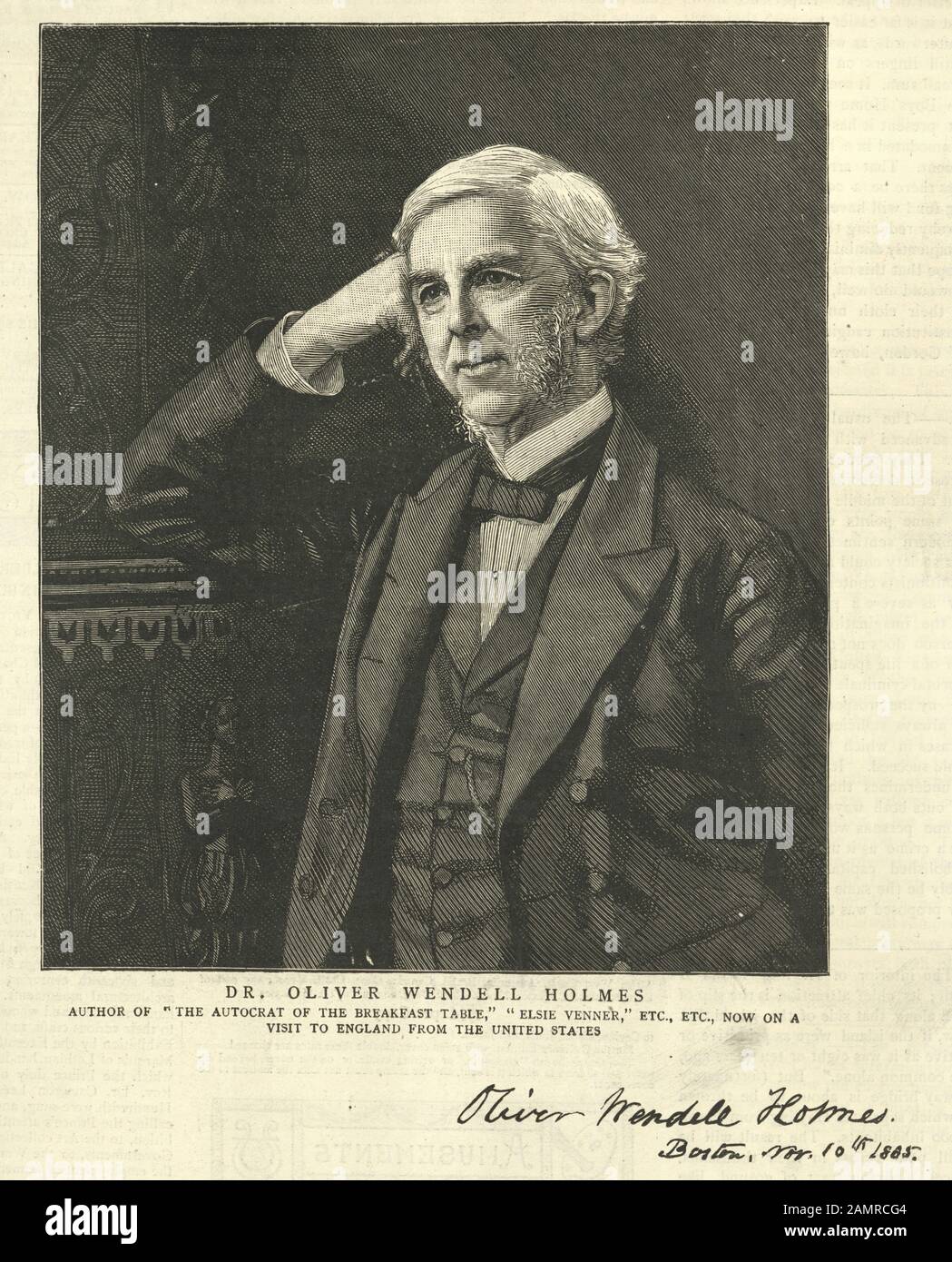 Vintage engraving of Oliver Wendell Holmes an American physician, poet, and polymath based in Boston. His most famous prose works are the Breakfast-Table series, which began with The Autocrat of the Breakfast-Table Stock Photo