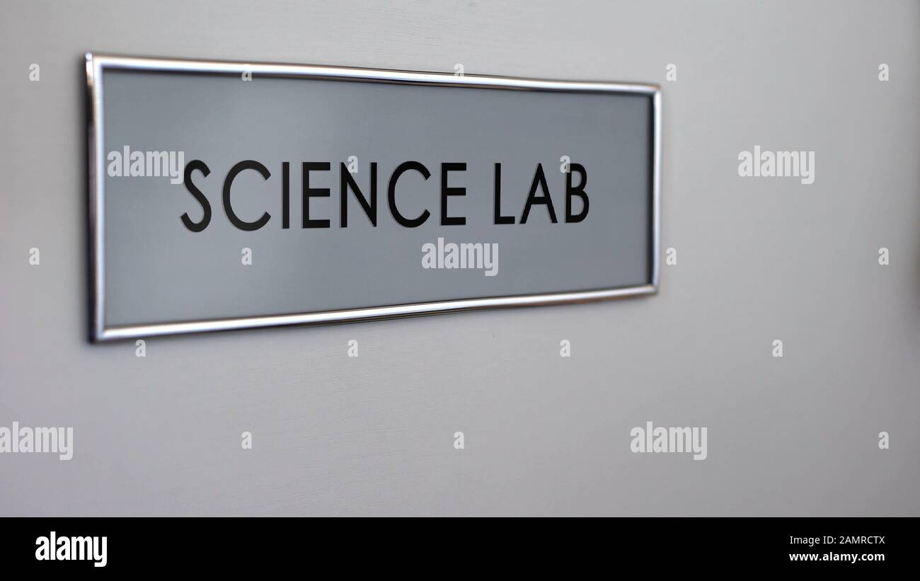 Science lab door desk close up, chemical experiments, biology research