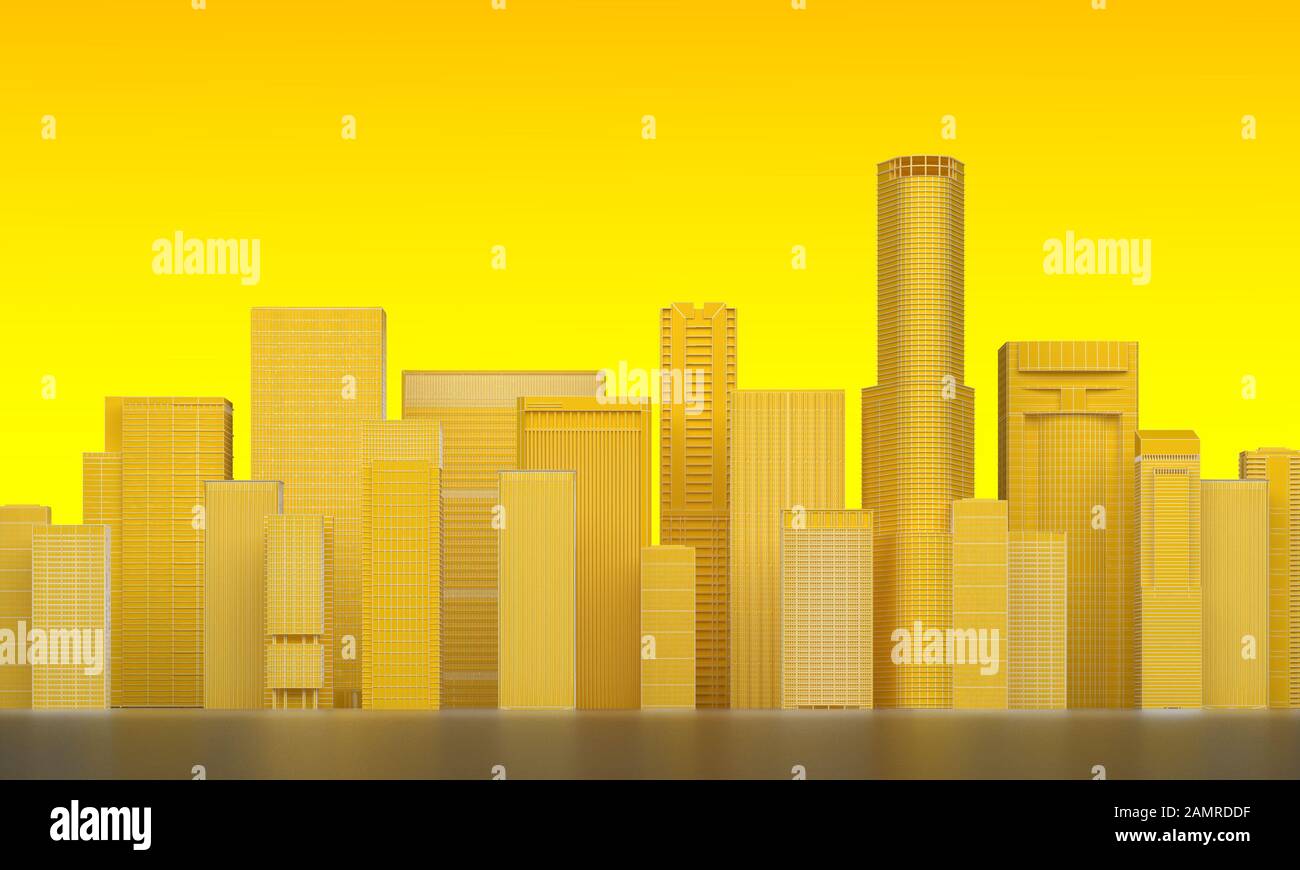 group skyscraper in yellow tinted. 3d rendering Stock Photo