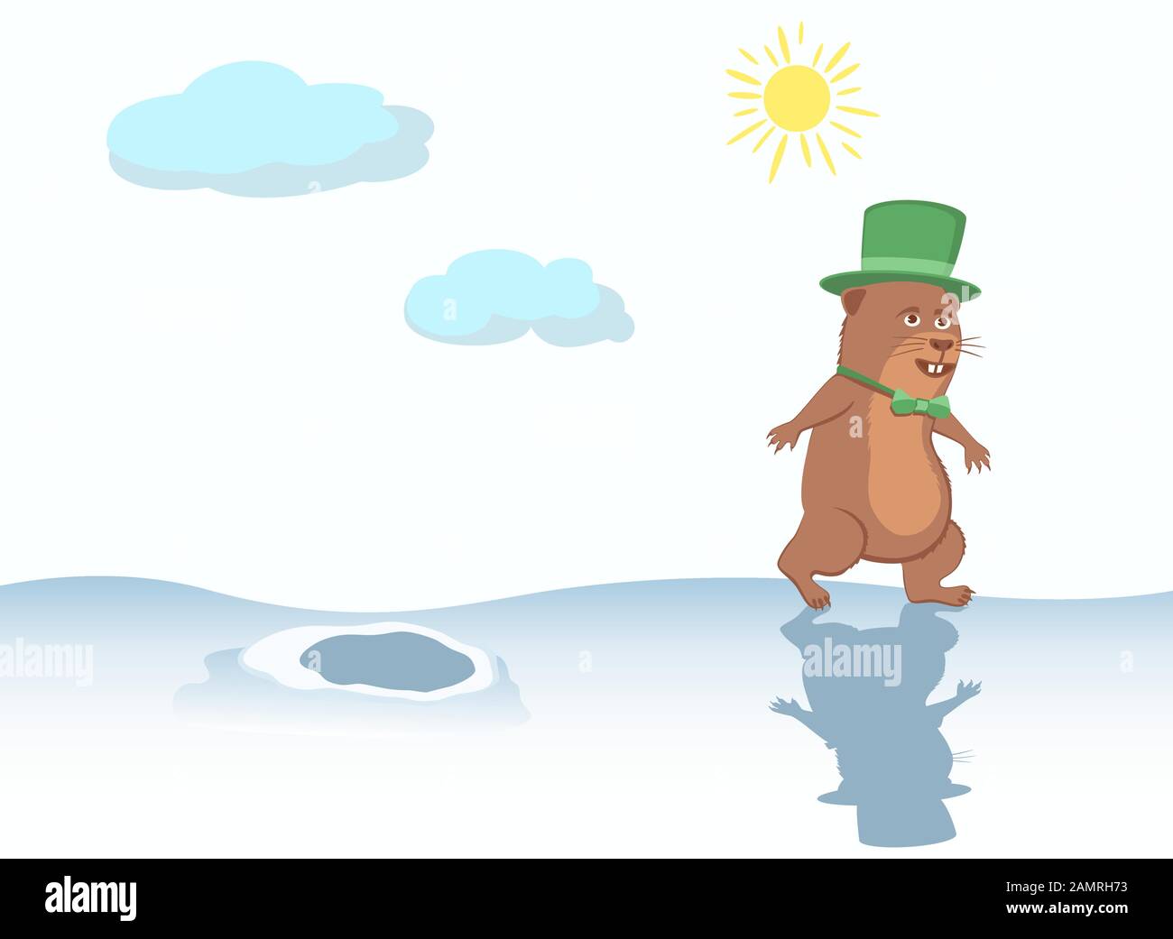 Groundhog with a hat and bow tie walk over snowdrifts. Stock Vector