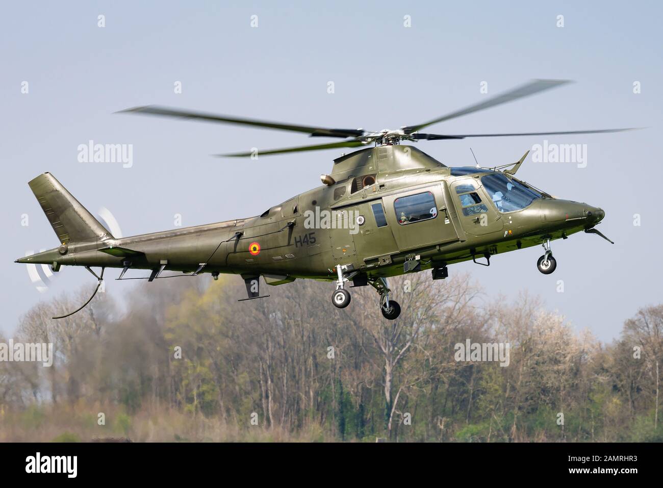An AgustaWestland AW109 utility helicopter of the Belgian Air Force at the Beauvechain airbase. Stock Photo