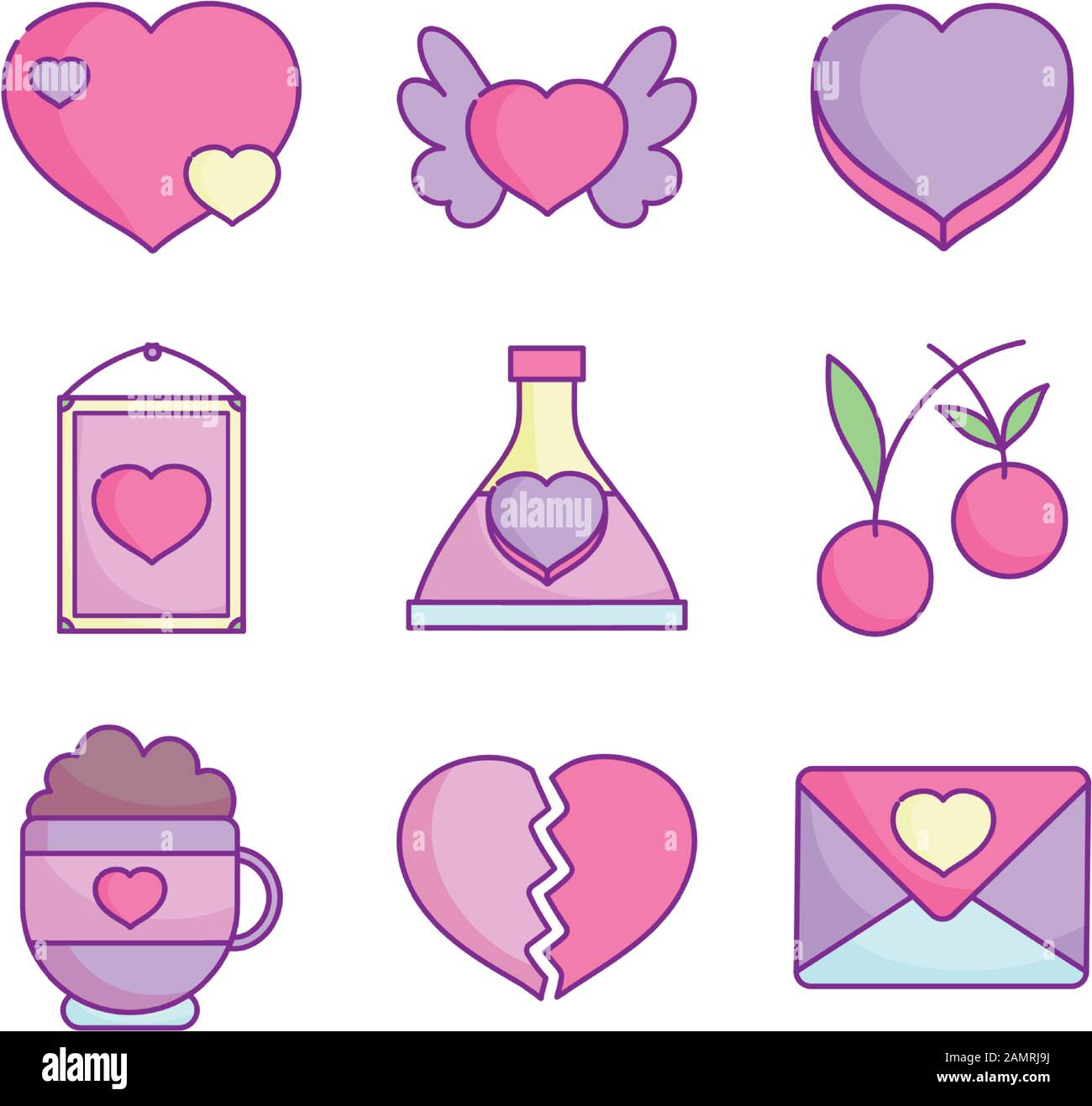 happy valentines day, love romantic feeling icons set vector ...