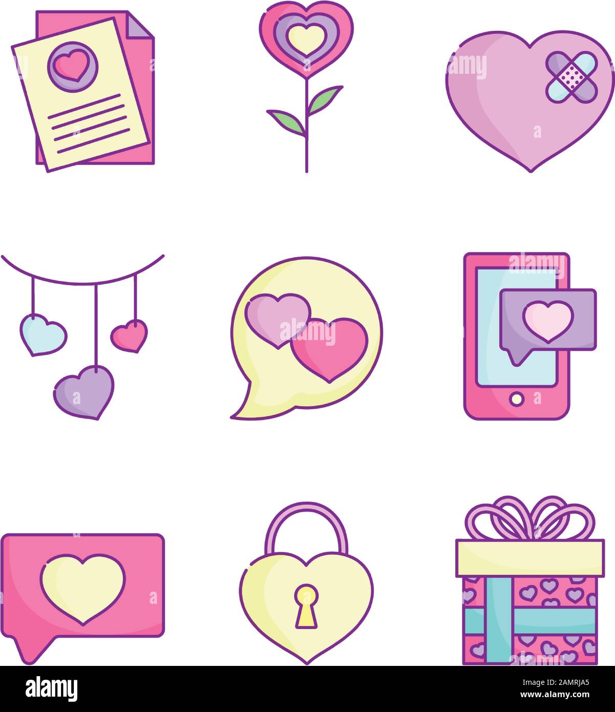 happy valentines day, love romantic feeling icons set vector ...