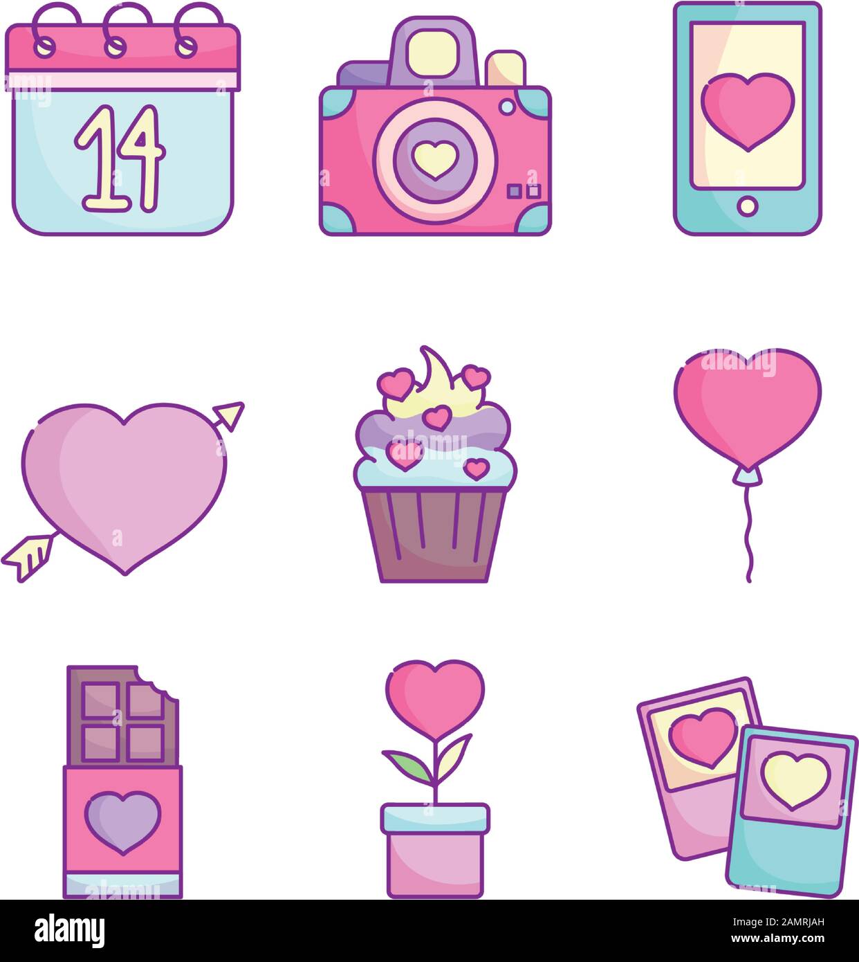 happy valentines day, love romantic feeling icons set vector ...