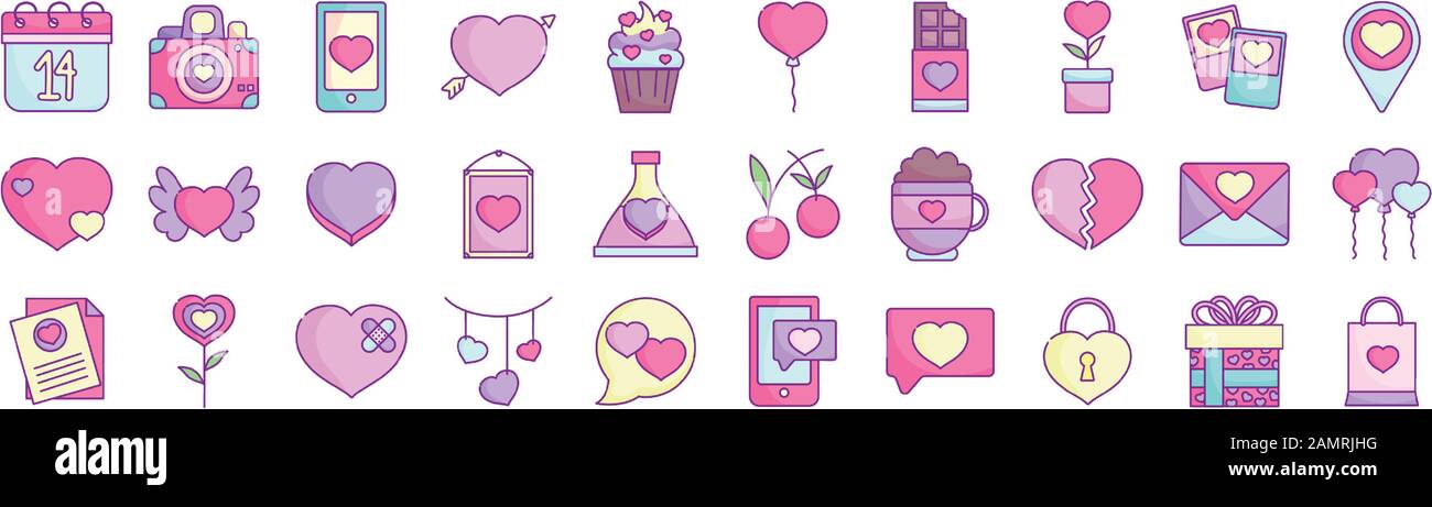 happy valentines day, love romantic feeling icons set vector ...