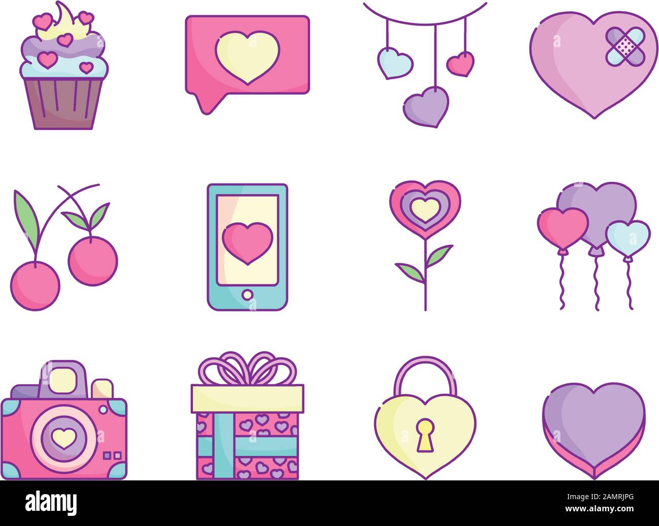 happy valentines day, love romantic feeling icons set vector ...