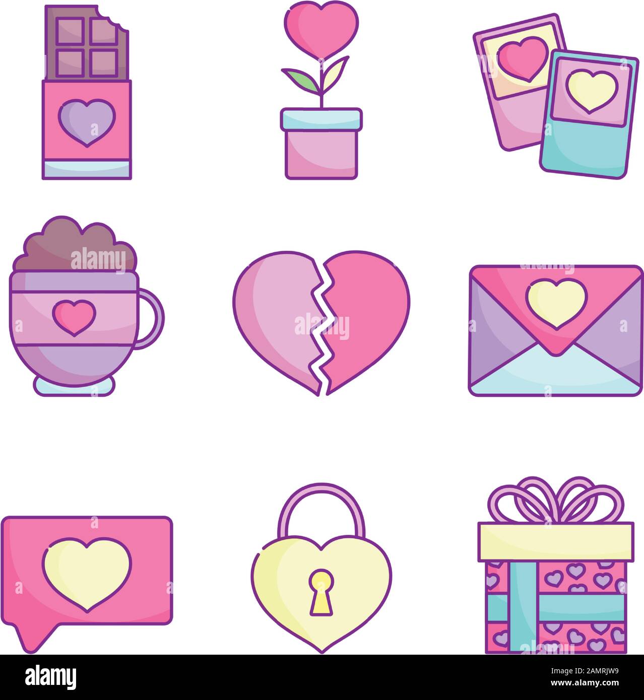 happy valentines day, love romantic feeling icons set vector ...
