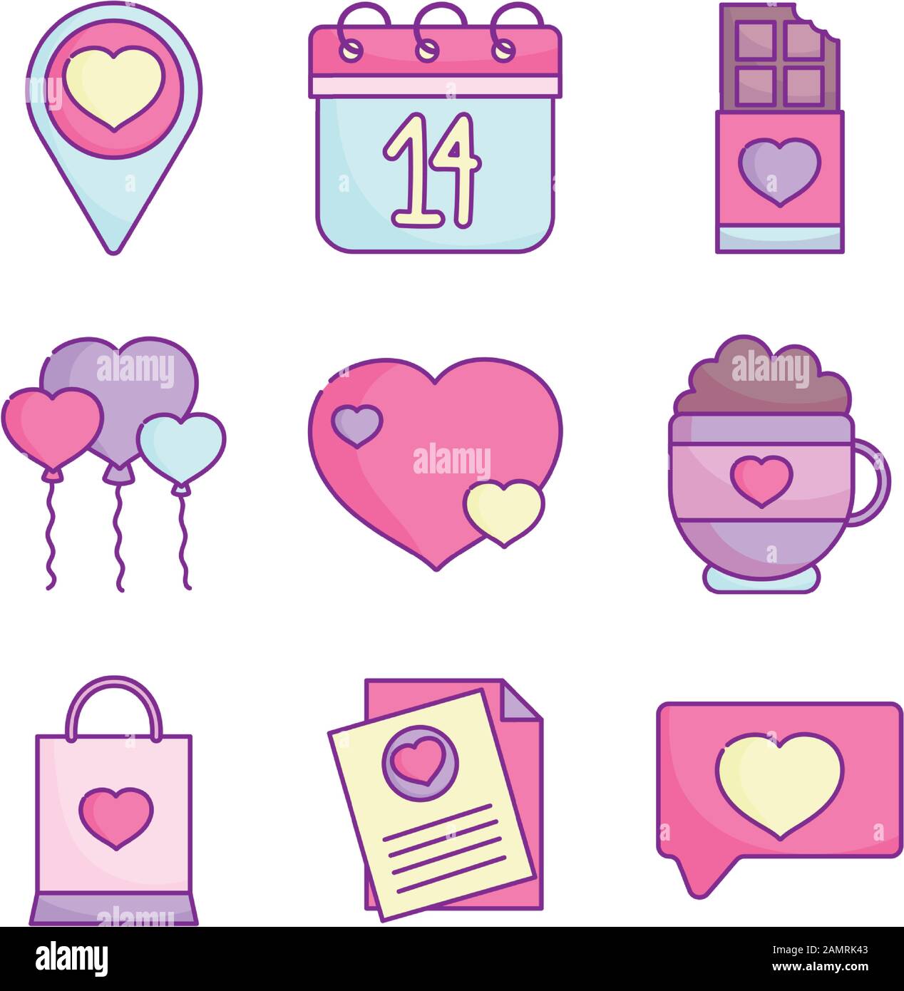 happy valentines day, love romantic feeling icons set vector ...