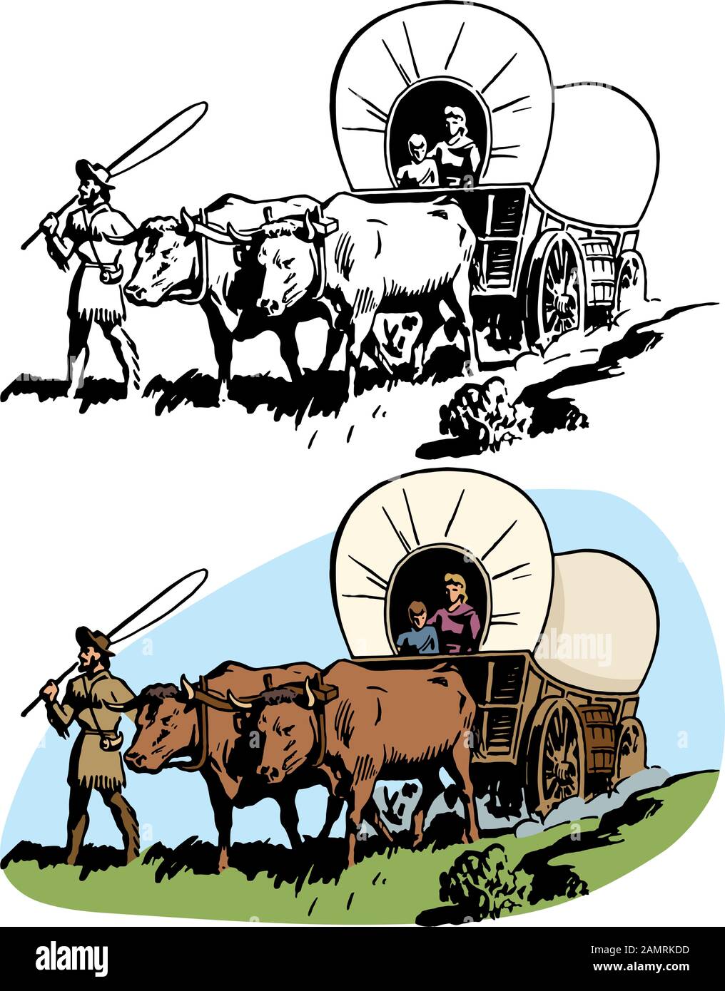 A family of pioneer settlers travel with their livestock in their covered wagon. Stock Vector