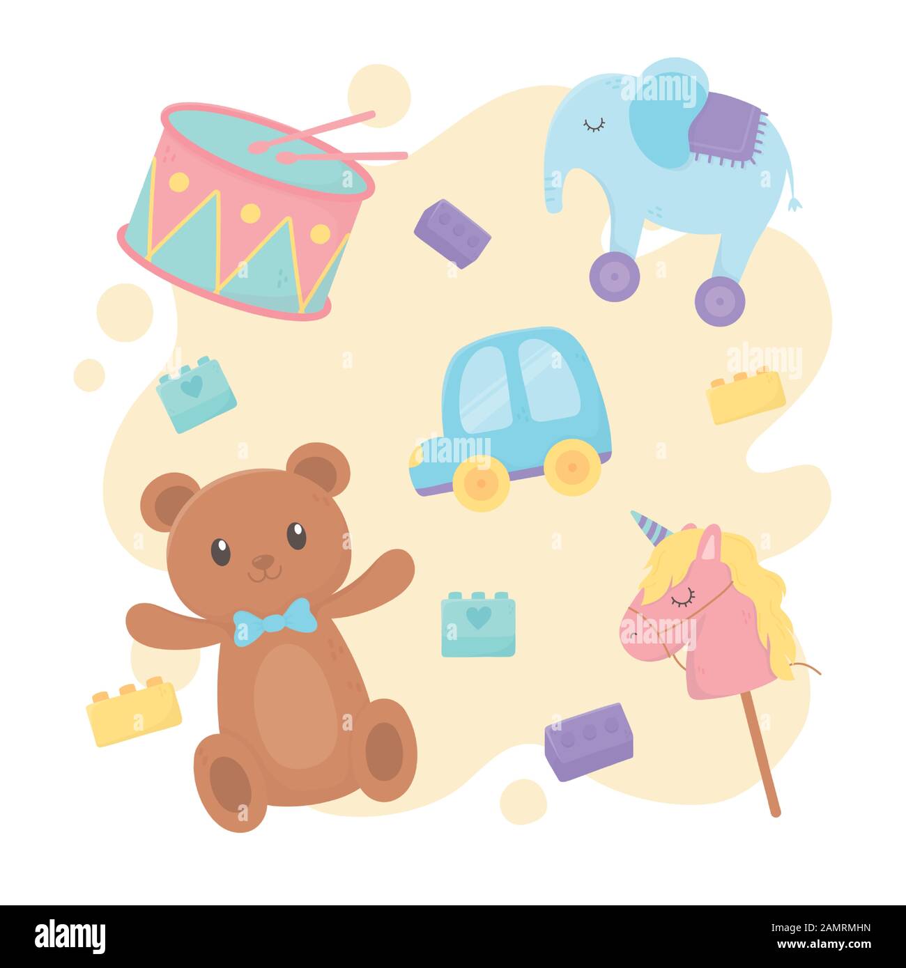 bear drum car horse stick blocks cartoon kids toys vector illustration